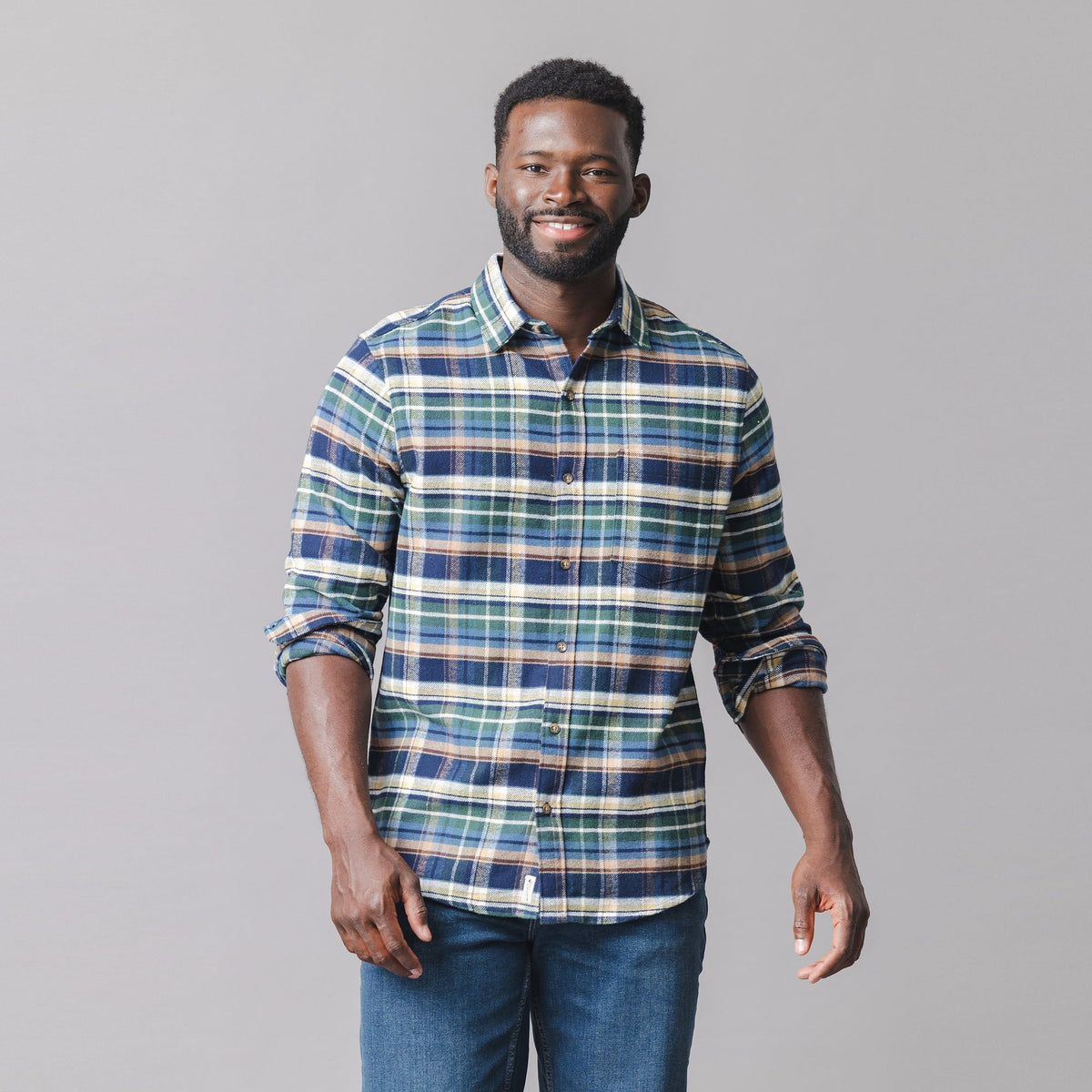 Organic Flannel Shirt in Navy Cottage Plaid — front view