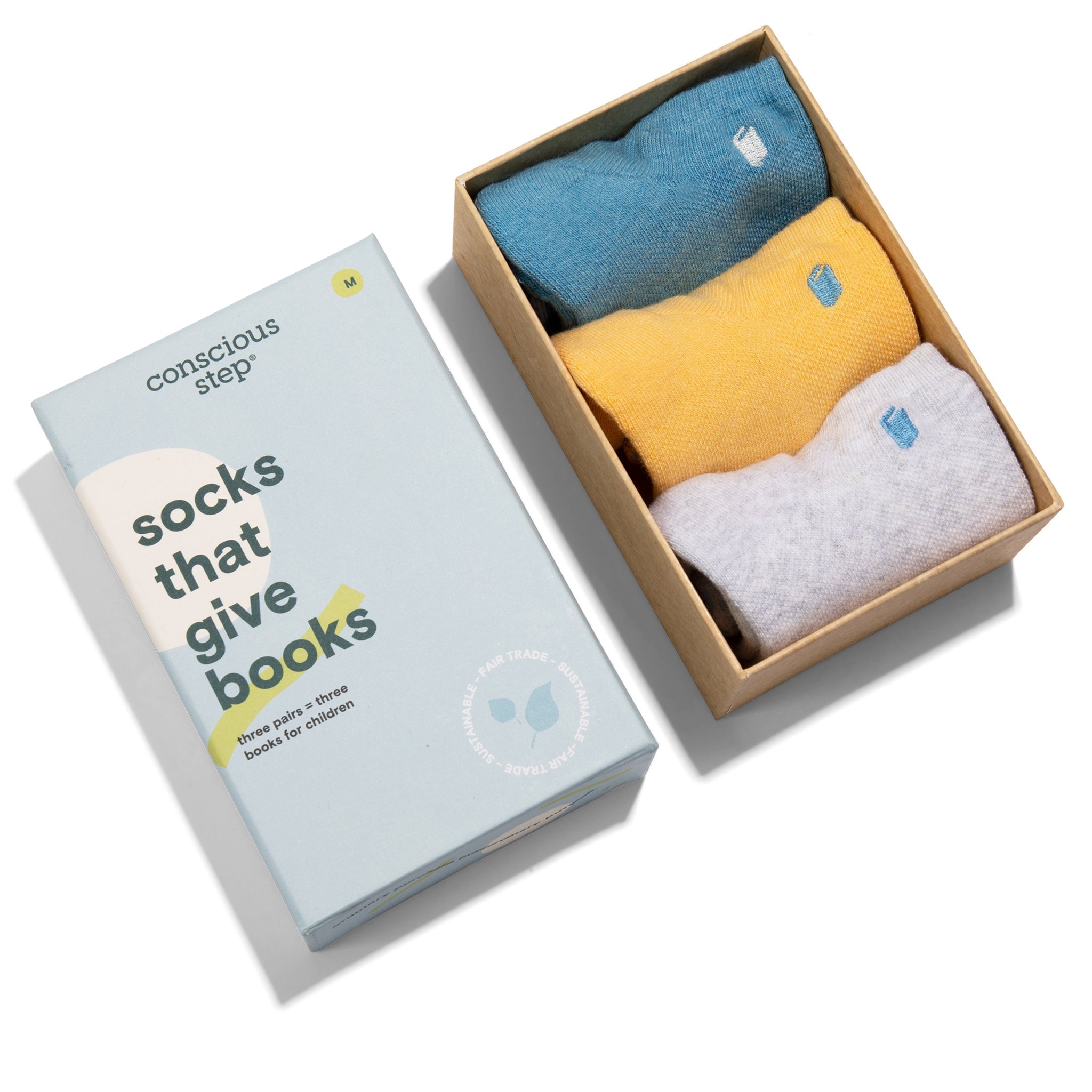 Socks that Give Books 3-pack — organic cotton socks in gray, yellow & blue, book embroidery