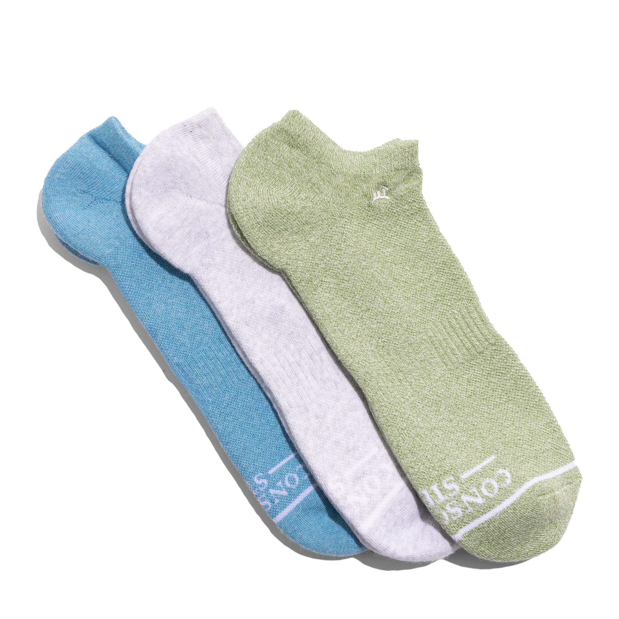 Socks that Build Homes 3-pack — organic cotton ankle socks in green, blue & heather gray