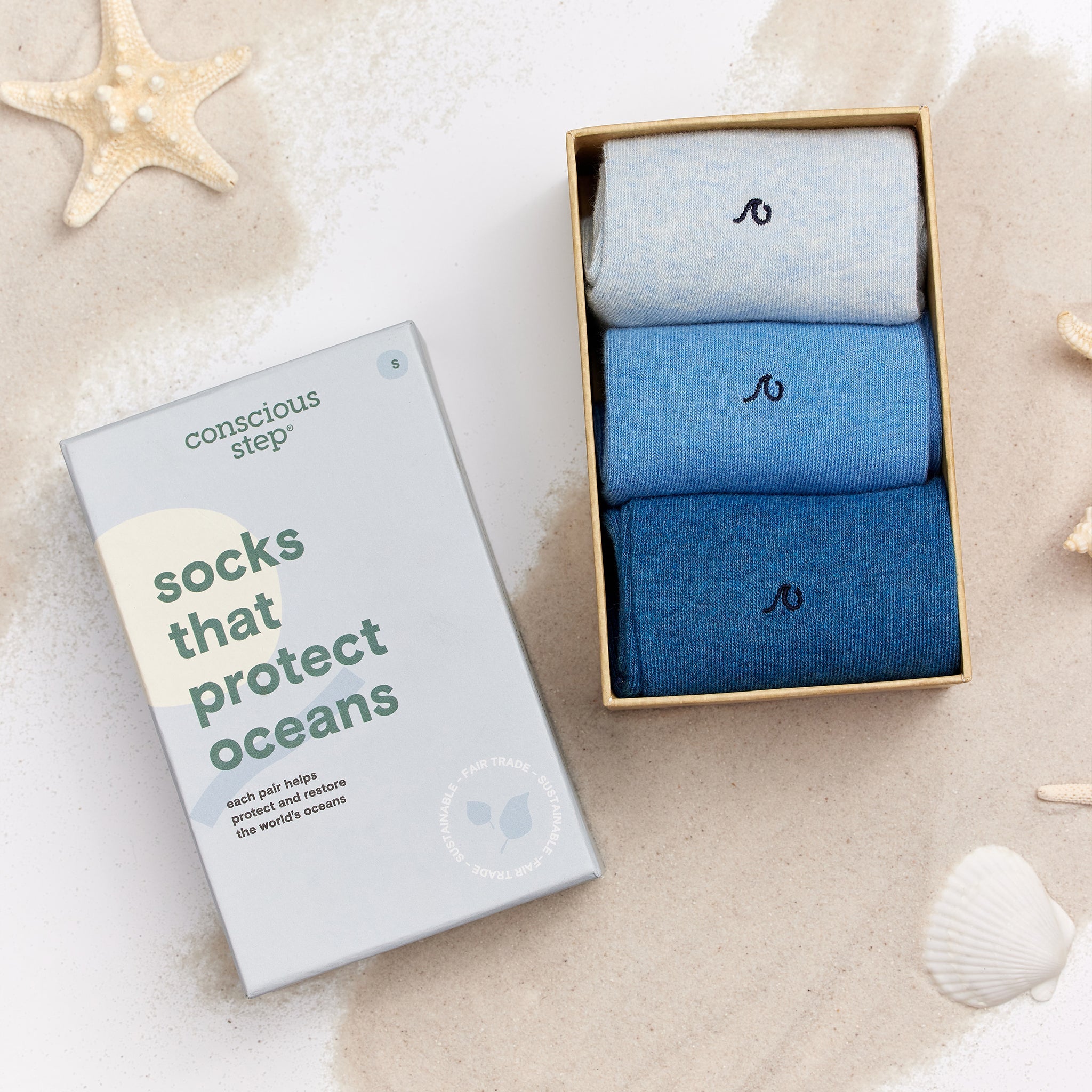 Socks that Protect Oceans 3-pack — organic cotton socks in ocean blues, wave embroidery