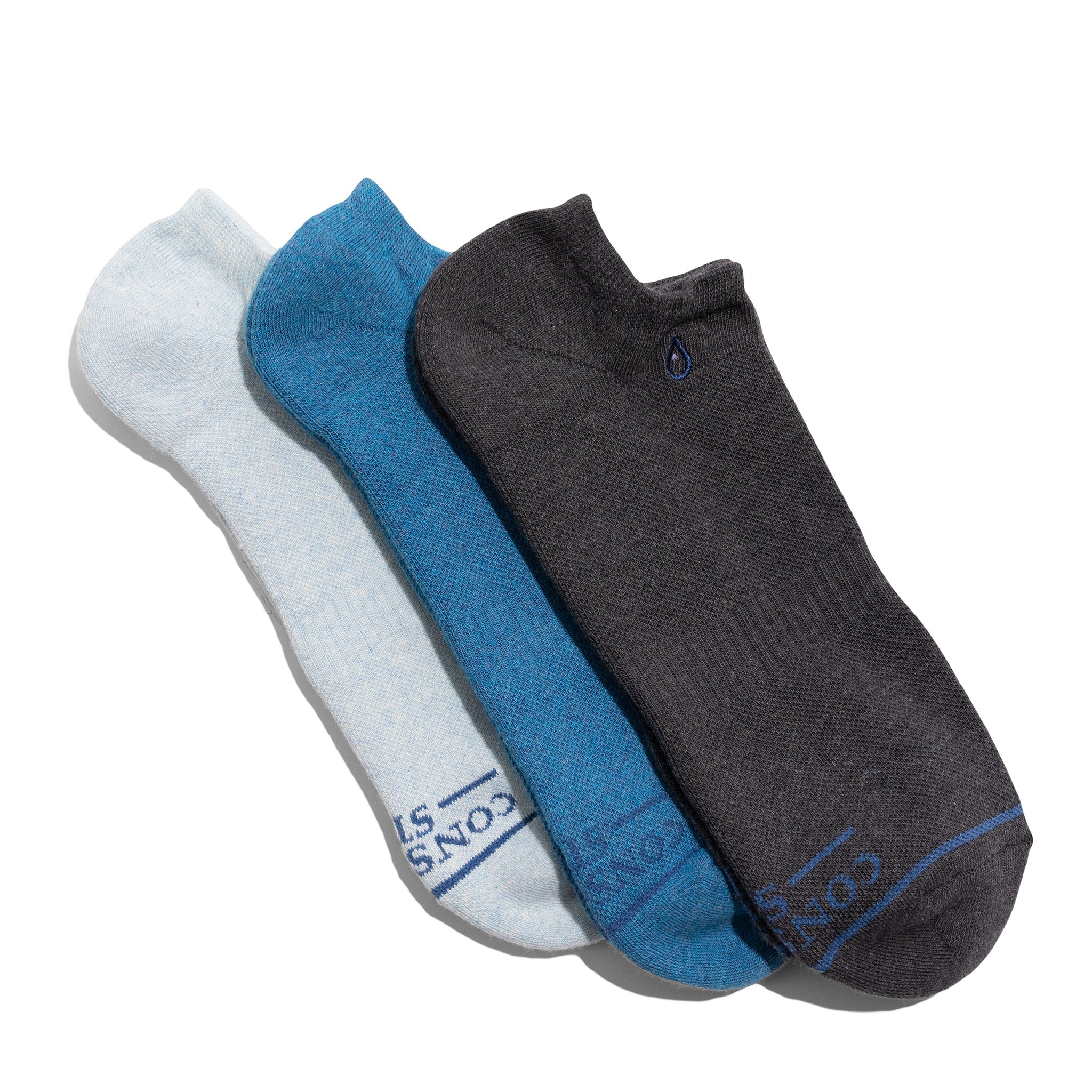 Socks that Give Water 3-pack — organic cotton ankle socks in blue & gray, water-drop embroidery