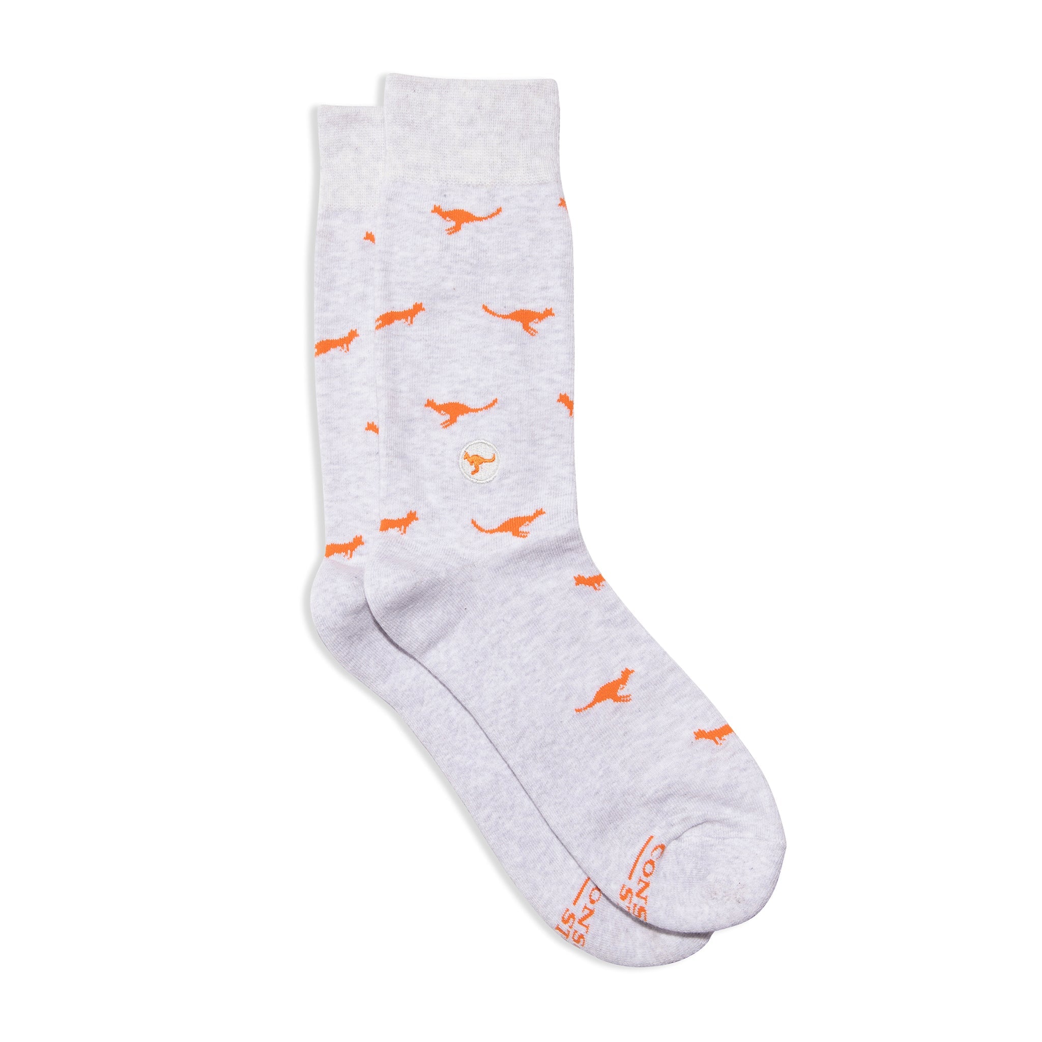 Socks that Save Kangaroos by Conscious Step — orange and gray organic cotton crew socks with kangaroos