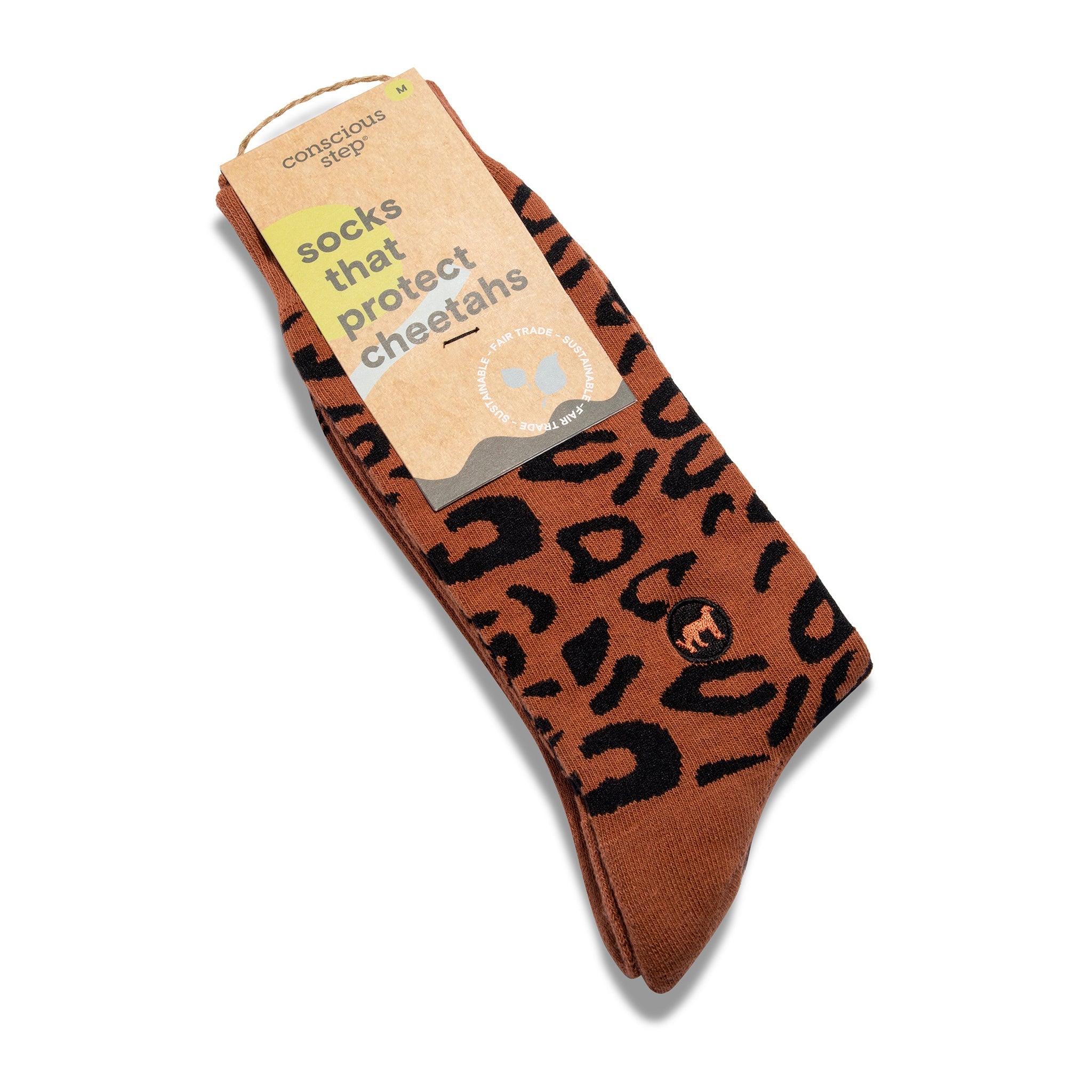 Rust and black leopard-inspired organic cotton crew socks — Conscious Step