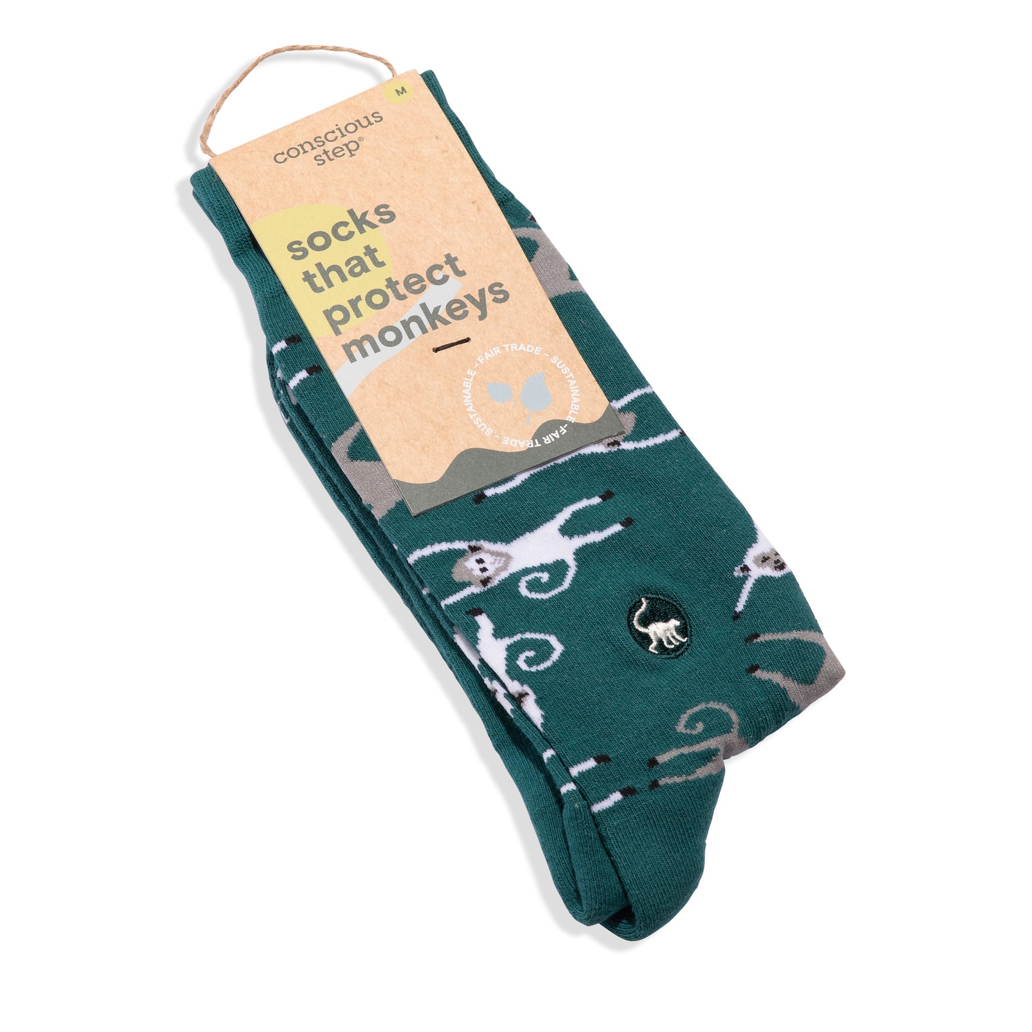 Teal monkey-pattern organic cotton crew socks — Conscious Step