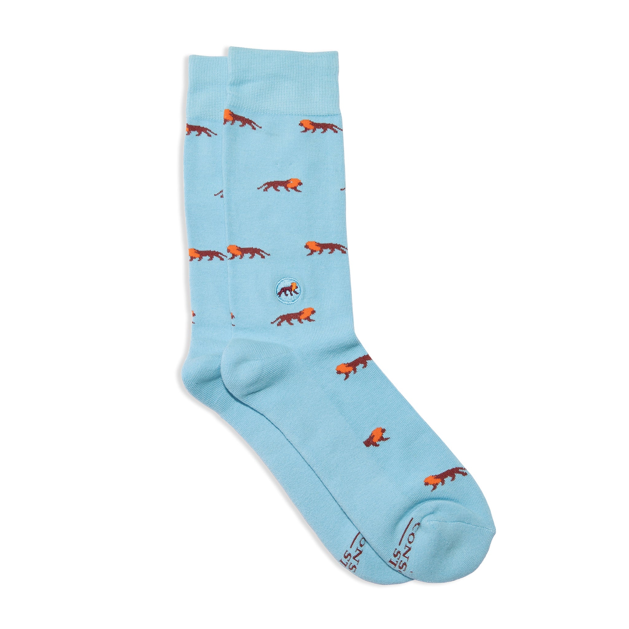 Socks that Protect Lions by Conscious Step — light blue organic cotton crew socks with orange lions