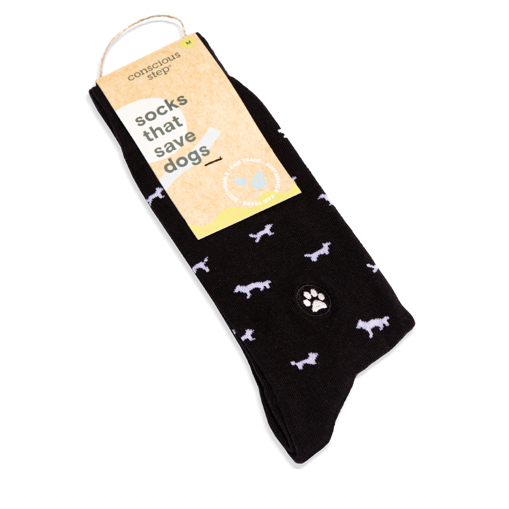 Black and white pup-pattern organic cotton crew socks — Conscious Step