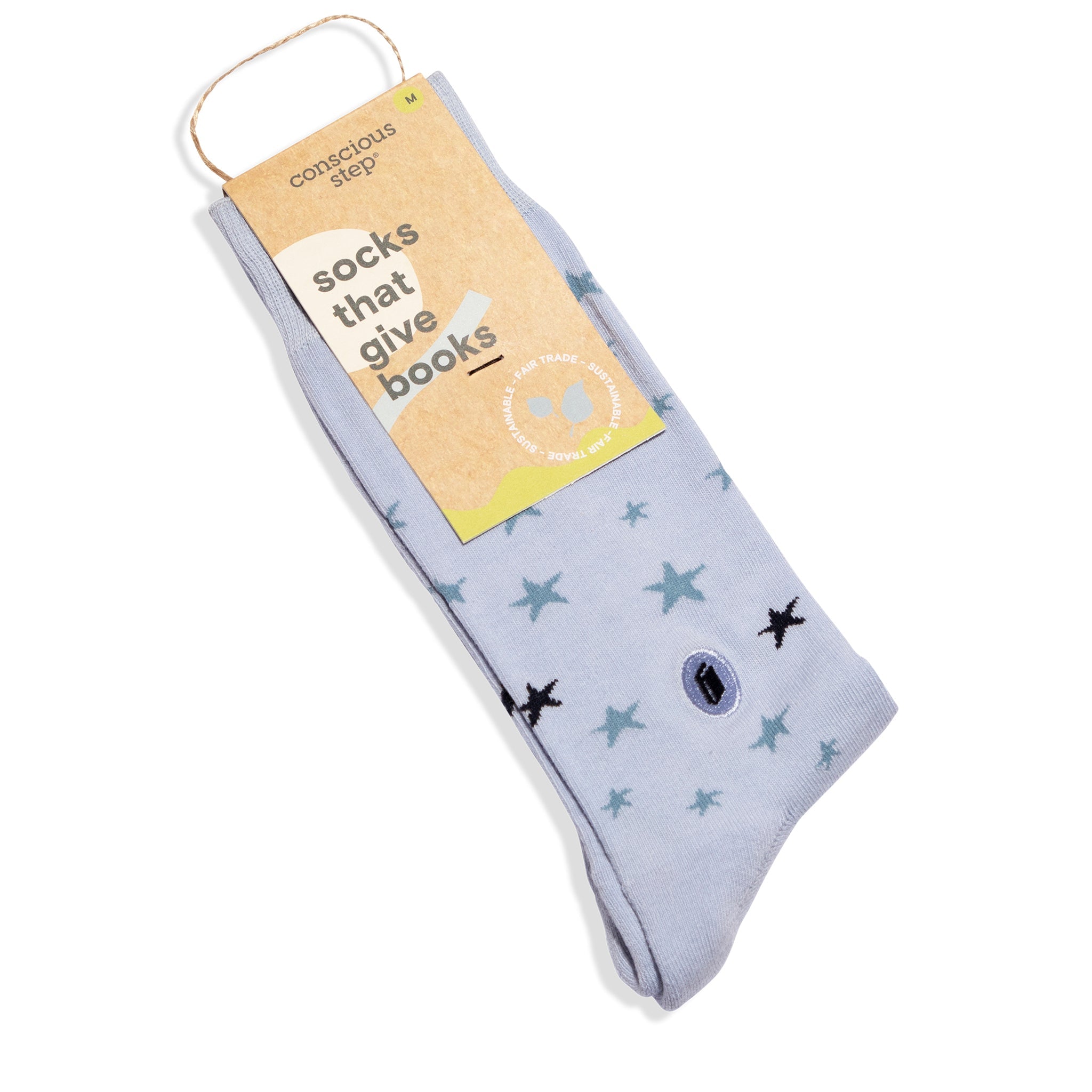 Starry multi-blue organic cotton crew socks with book embroidery — Conscious Step