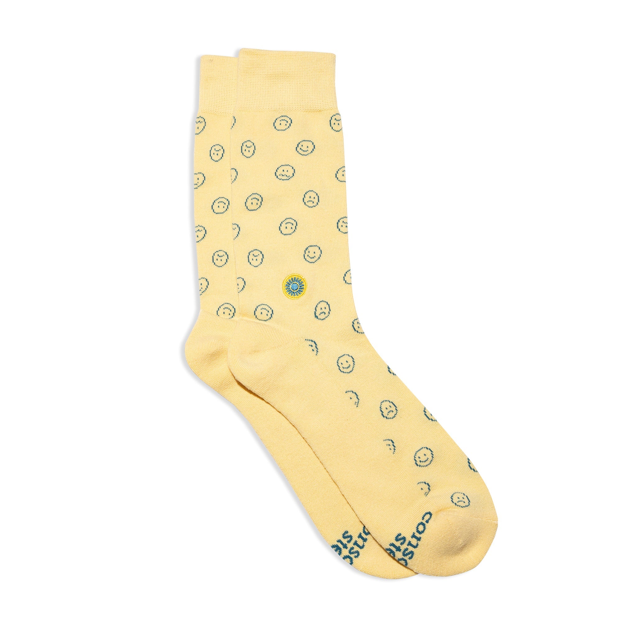 Socks that Support Mental Health by Conscious Step — yellow smiley-face organic cotton crew socks