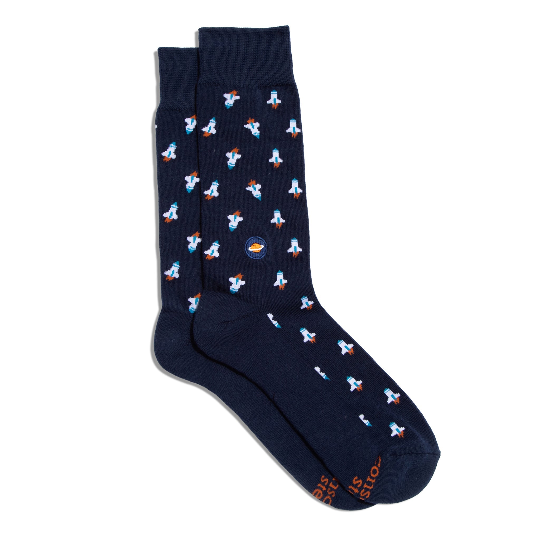 Socks that Support Space Exploration by Conscious Step — navy rocket-ship organic cotton crew socks