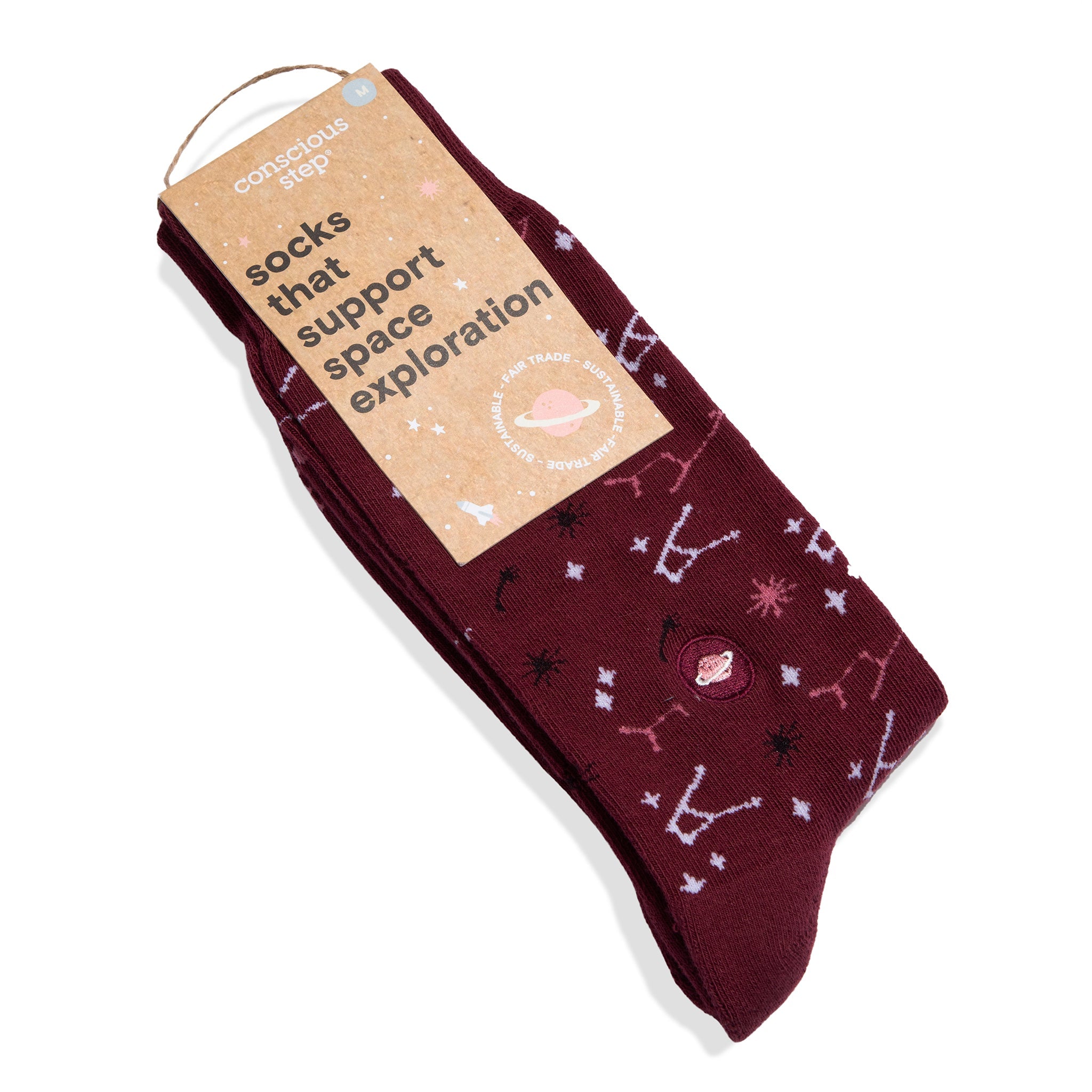 Maroon constellation organic cotton crew socks with planet embroidery — Conscious Step