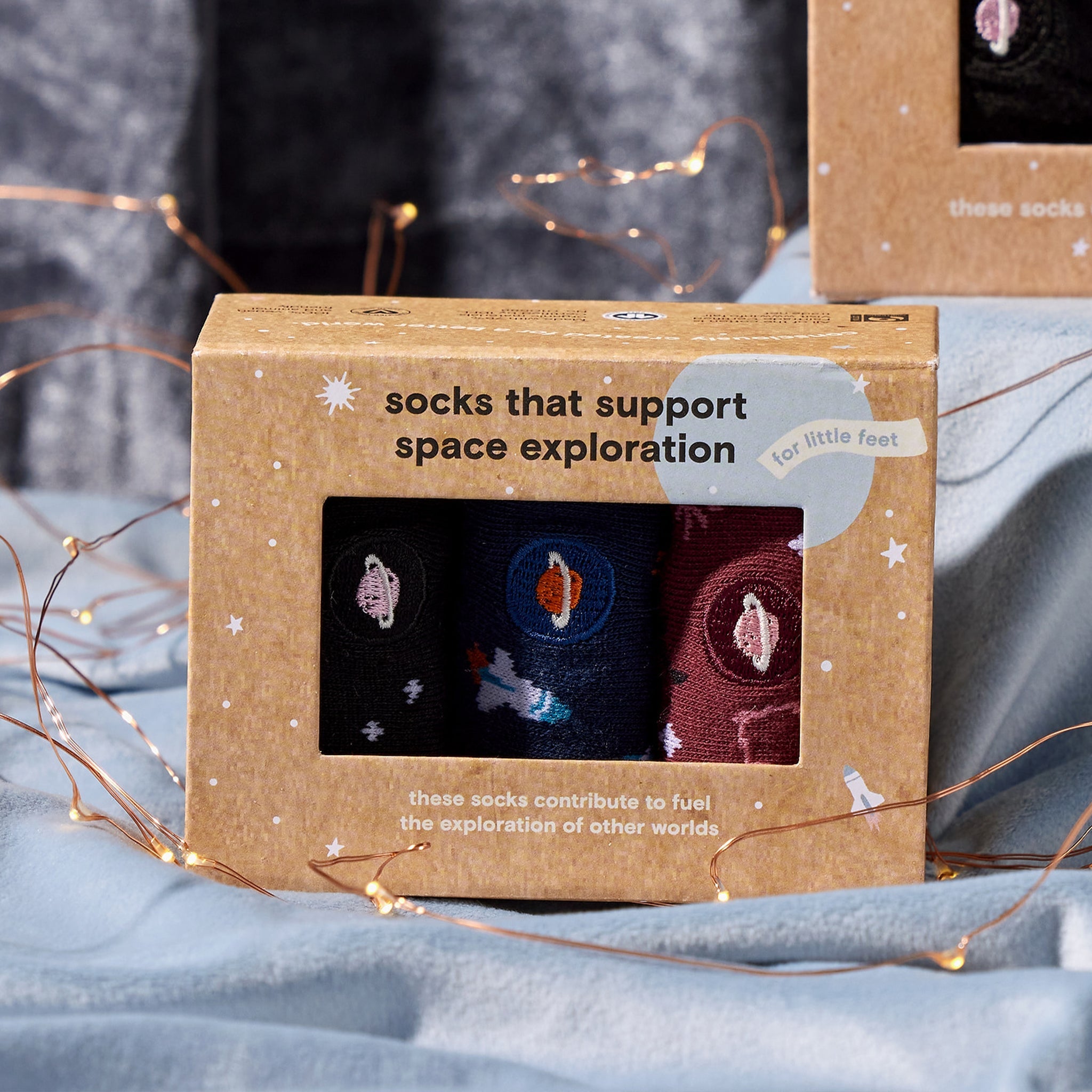 Kids Socks that Support Space Exploration gift box — organic cotton kids' socks: rocket, constellation & galaxy