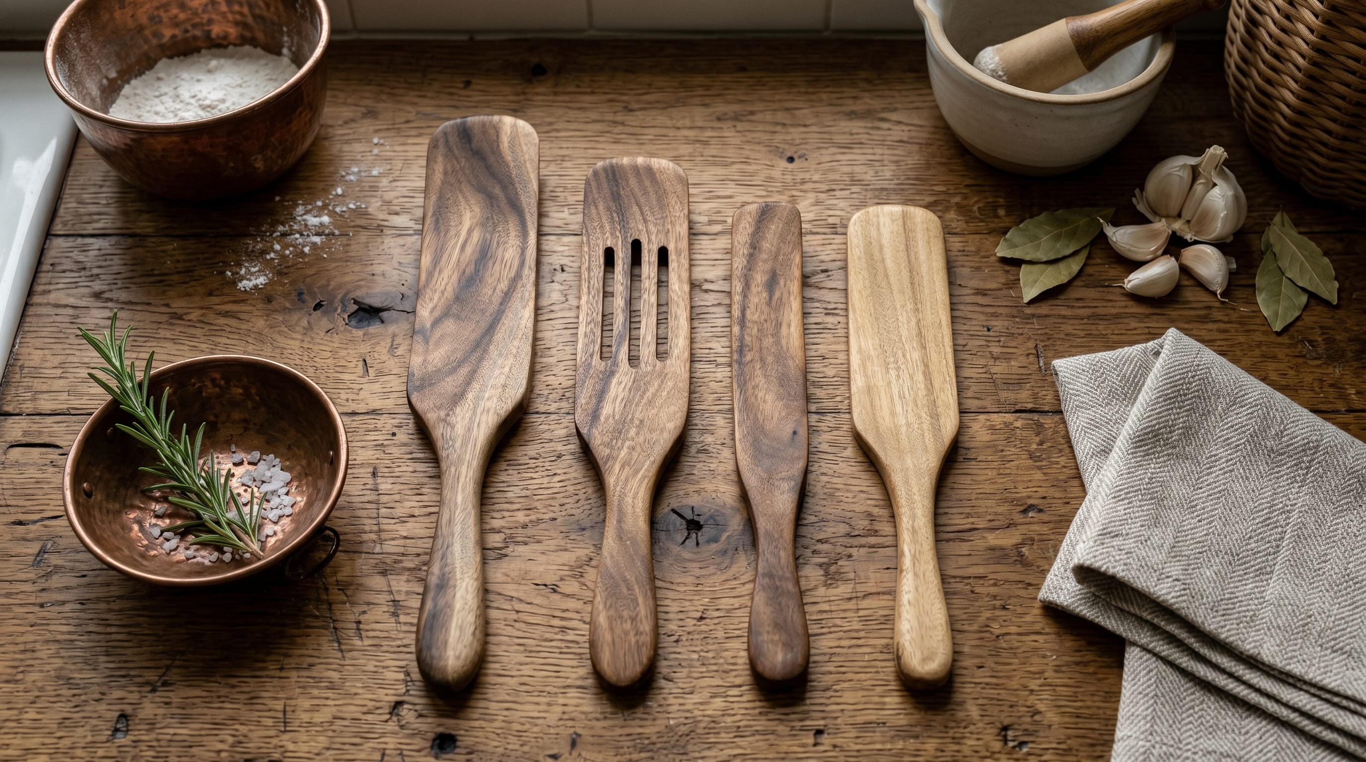 Set of handcrafted teak spurtles by Five Oaks Farm