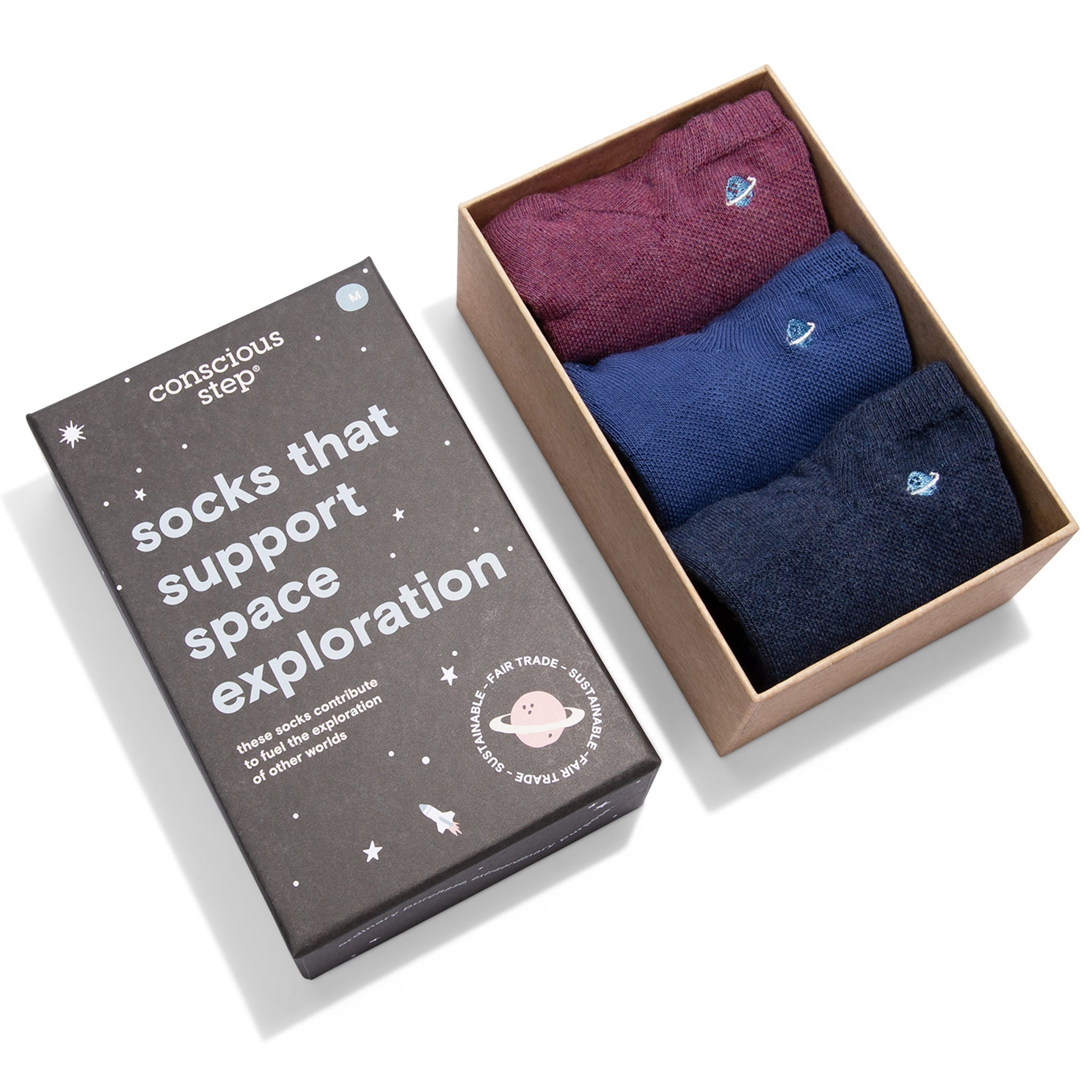 Socks that Support Space Exploration 3-pack — organic cotton ankle socks in black, navy & maroon