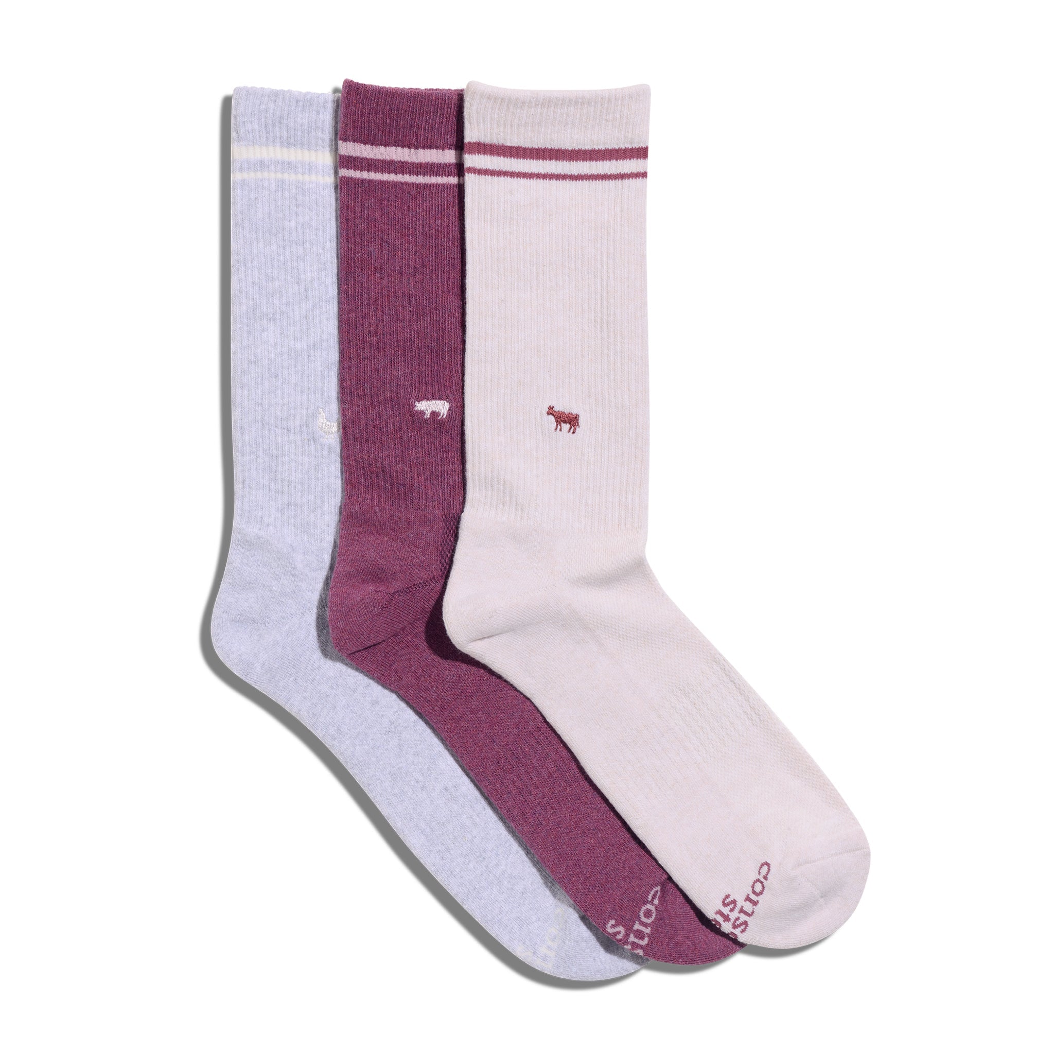 Comfort Crew Socks that Save Farm Animals — ribbed organic cotton crew socks in beige, gray & plum