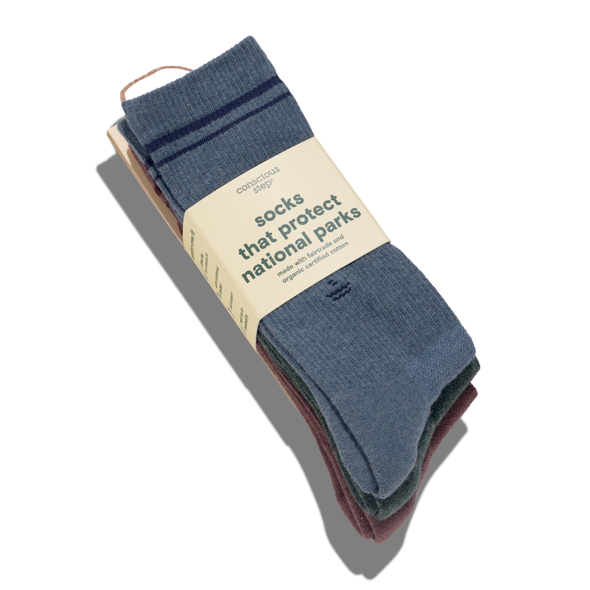Comfort Crew Socks that Protect National Parks — ribbed organic cotton crew socks in blue, green & brown