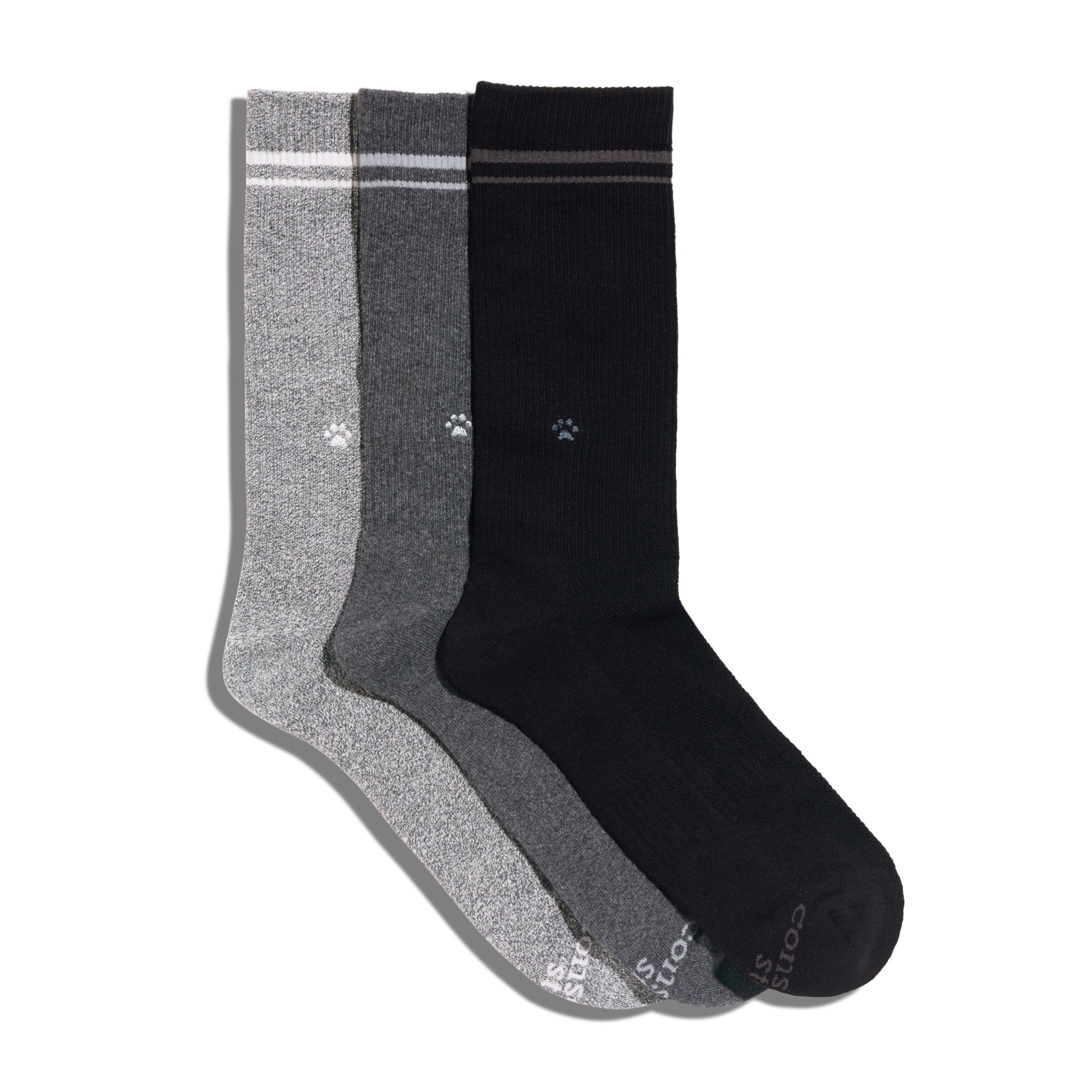 Comfort Crew Socks that Save Dogs — ribbed organic cotton crew socks in gray & black, paw print embroidery