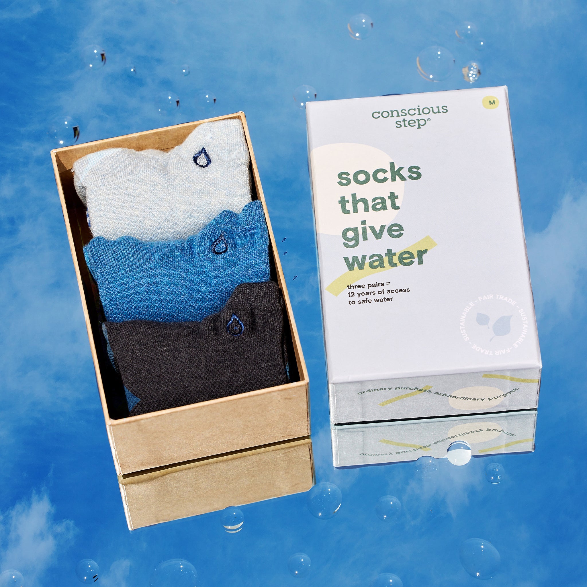 Socks that Give Water 3-pack — organic cotton ankle socks in blue & gray, water-drop embroidery