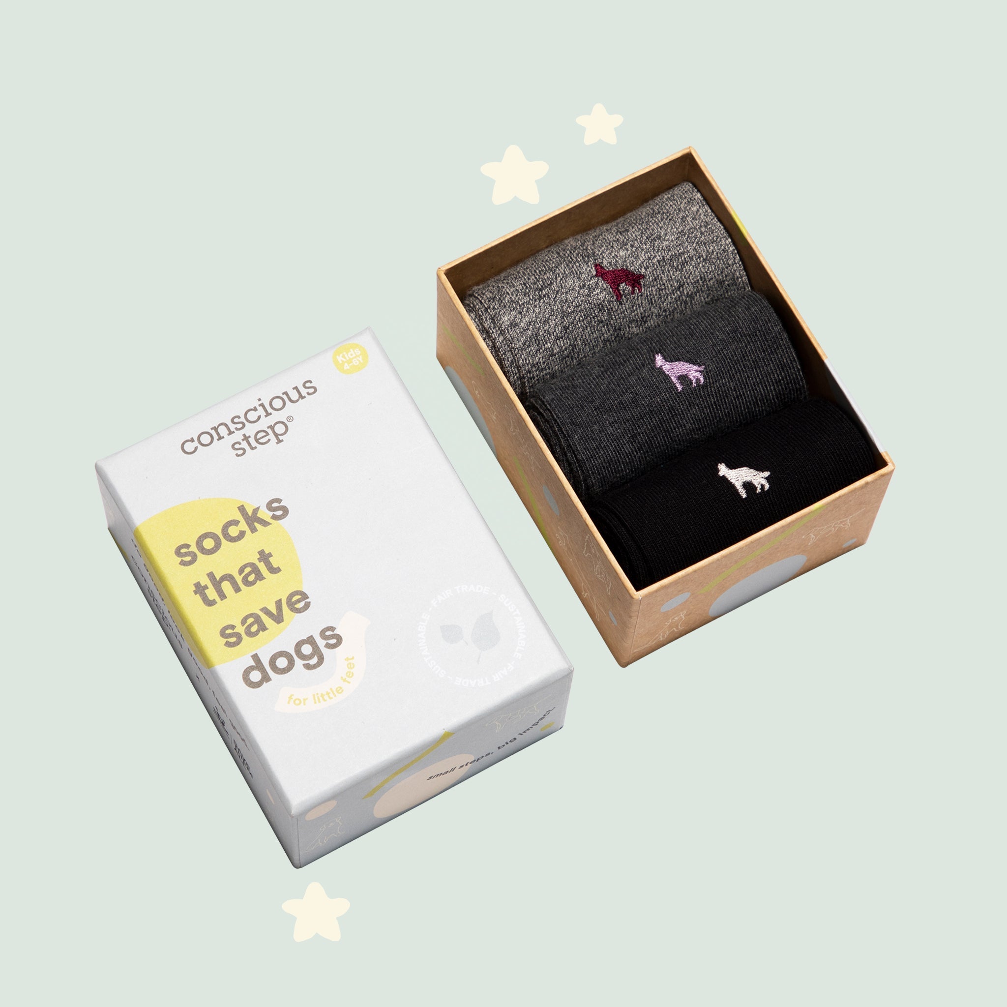 Kids Socks that Save Dogs gift box — soft organic cotton kids' socks in black & gray, dog embroidery