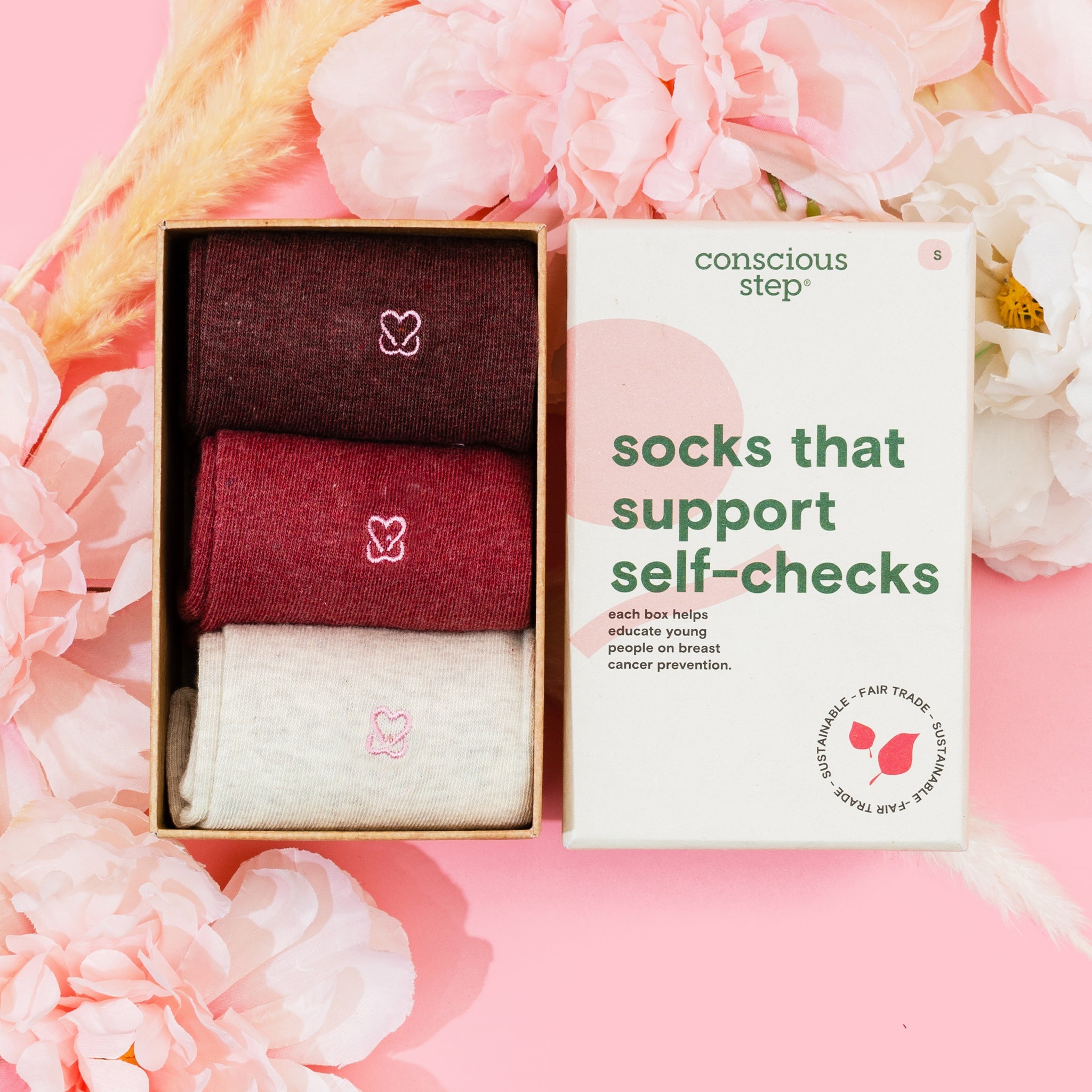 Socks that Support Self-Checks gift box — organic cotton socks in plum, pink & cream, heart embroidery