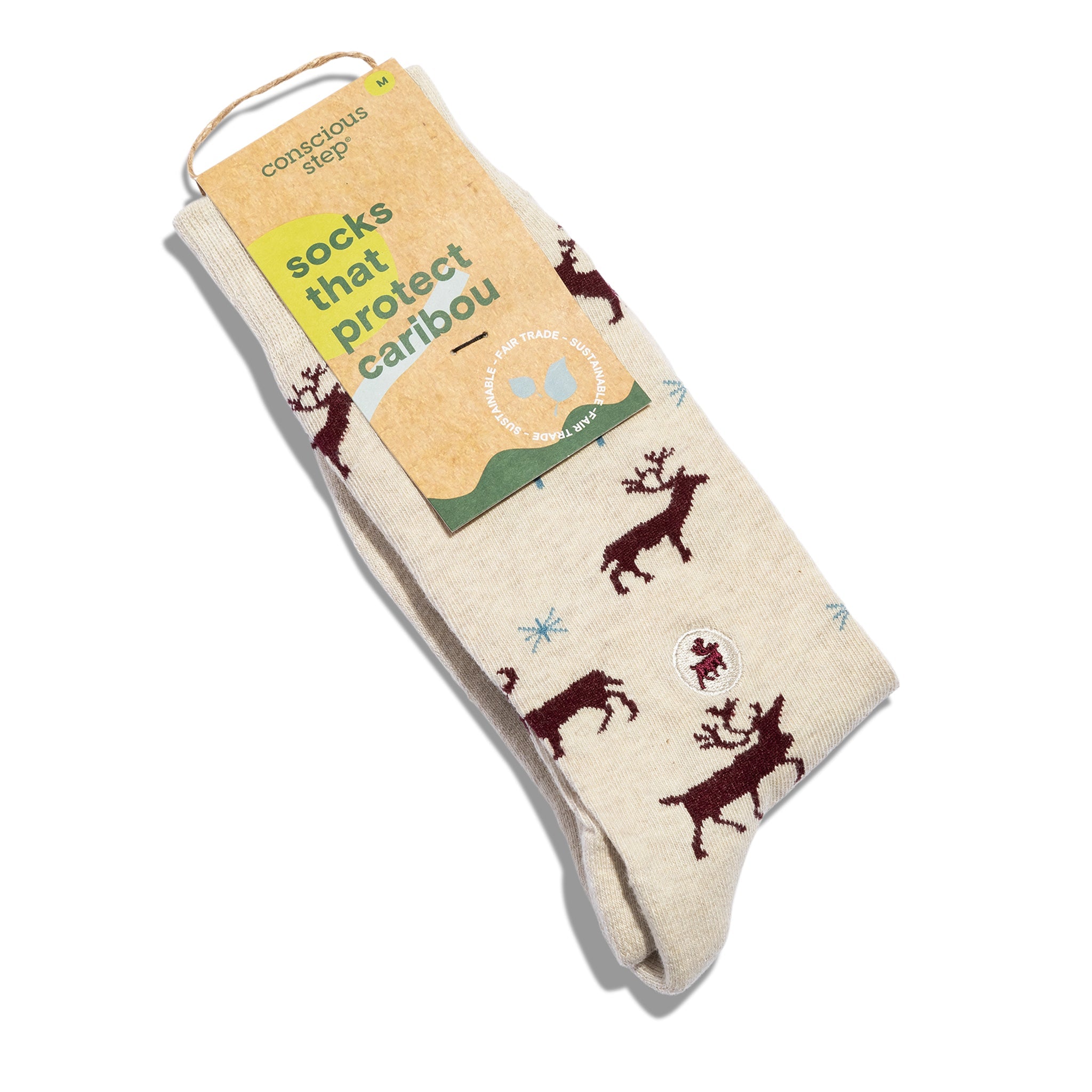 Cream reindeer-and-tree organic cotton crew socks — Conscious Step