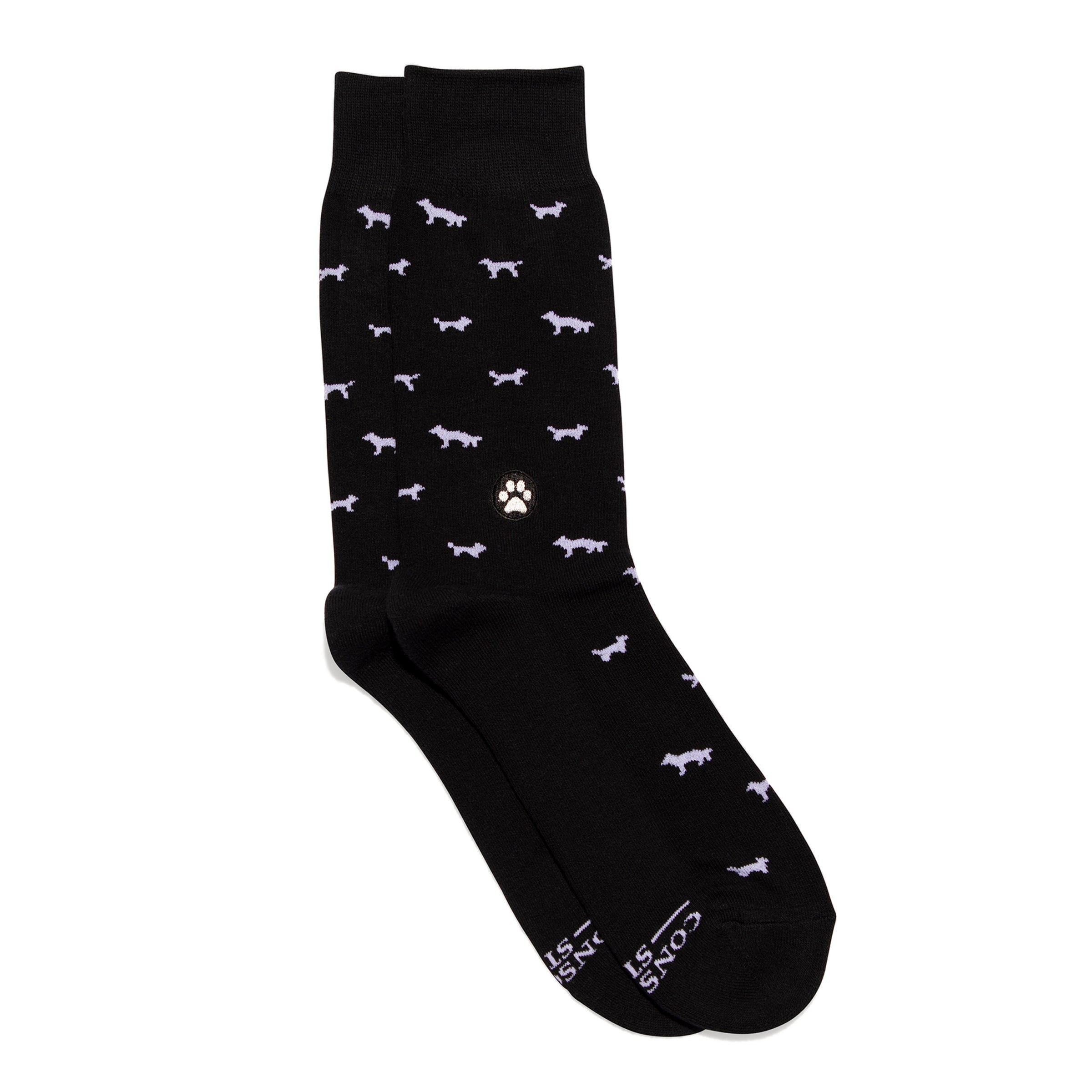Socks that Save Dogs by Conscious Step — black and white pup-pattern organic cotton crew socks