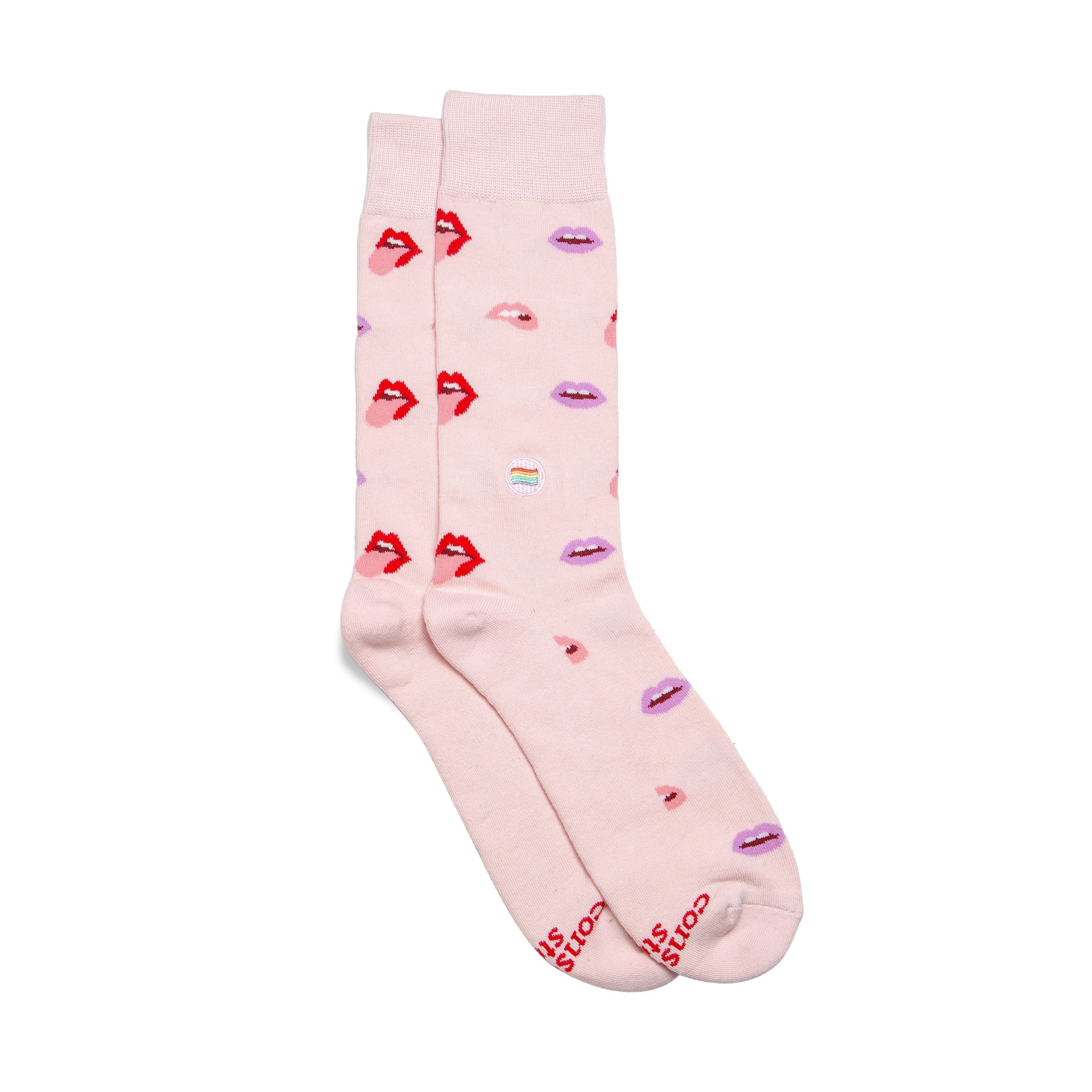 Socks that Save LGBTQ Lives by Conscious Step — pink organic cotton crew socks with purple and red lips