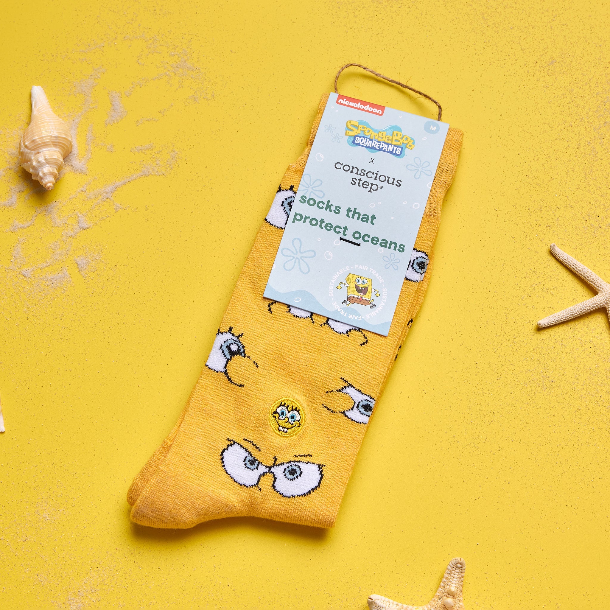 Bright yellow SpongeBob organic cotton crew socks — Conscious Step