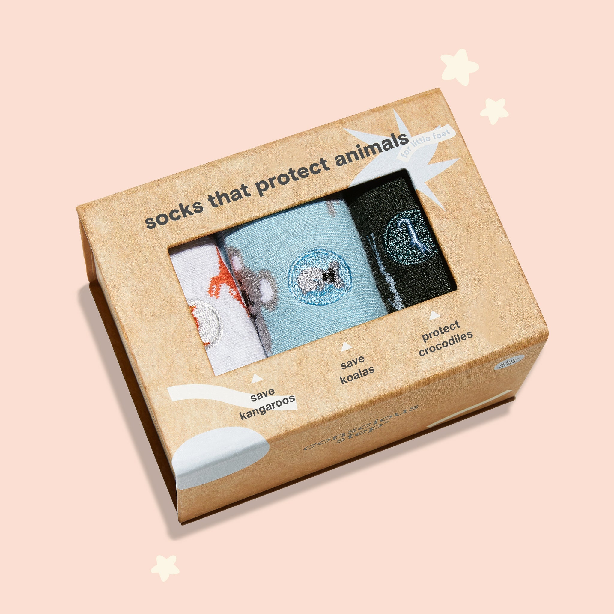 Kids Socks that Protect Animals gift box — organic cotton kids' socks: kangaroos, crocodiles & koalas