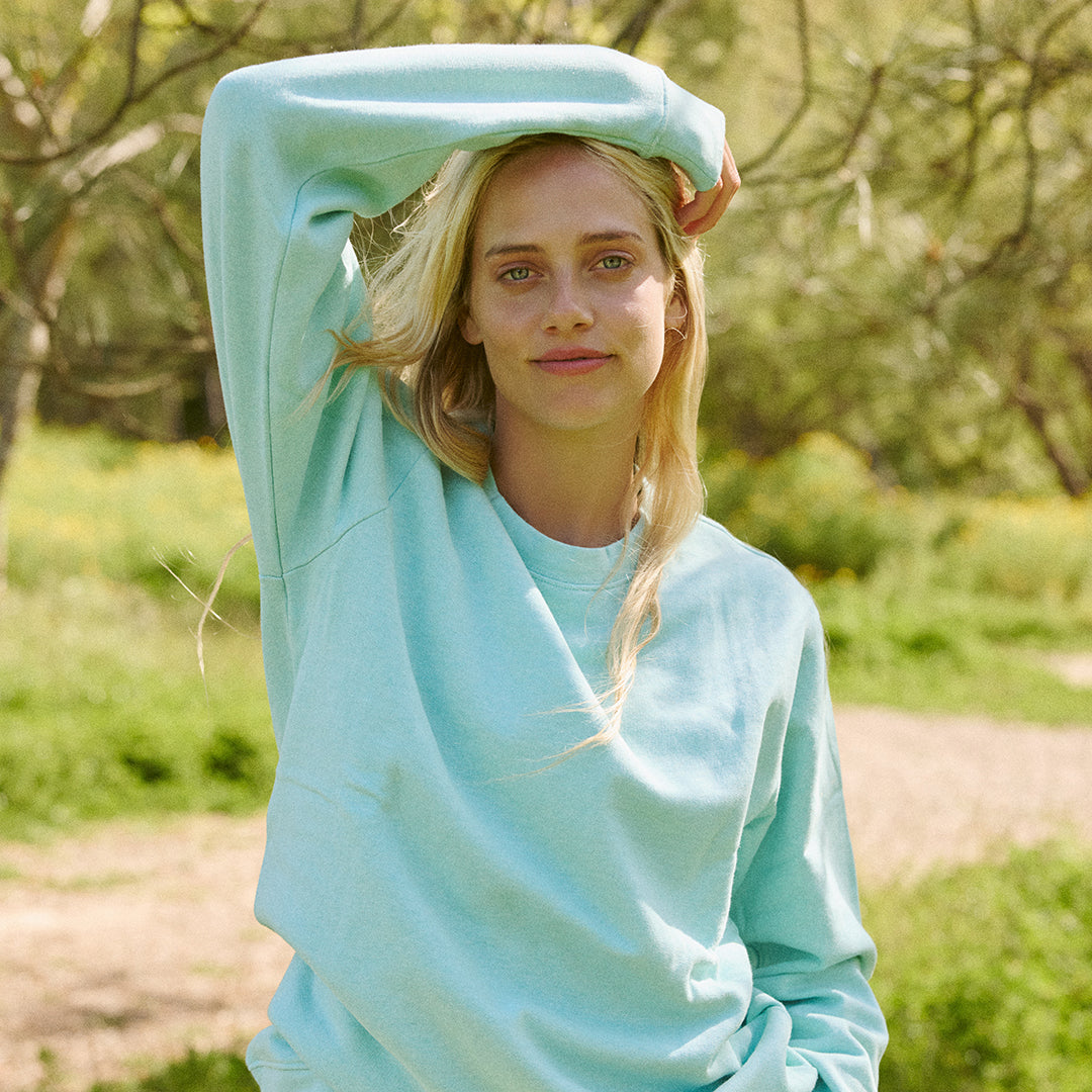 Protect Rainforests crewneck in aqua blue by Conscious Step — organic cotton