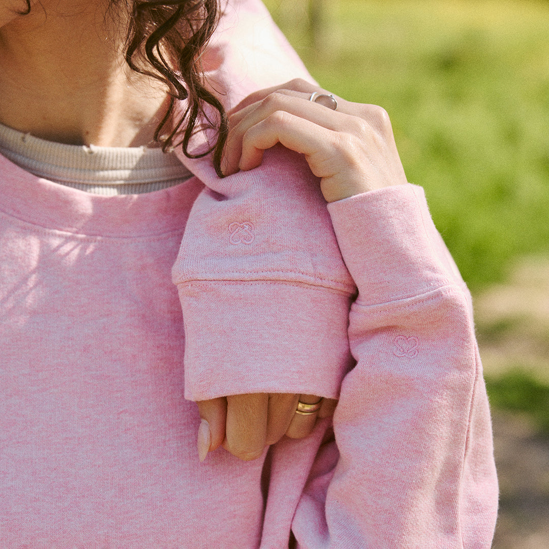 Soft pink organic cotton crewneck for breast cancer awareness — Conscious Step