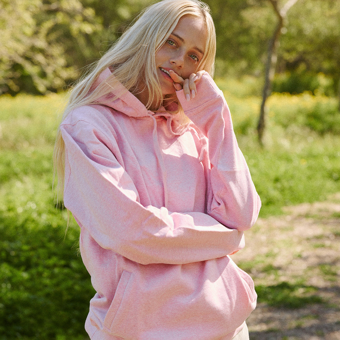 Support Self-Checks hoodie in soft pink by Conscious Step — organic cotton
