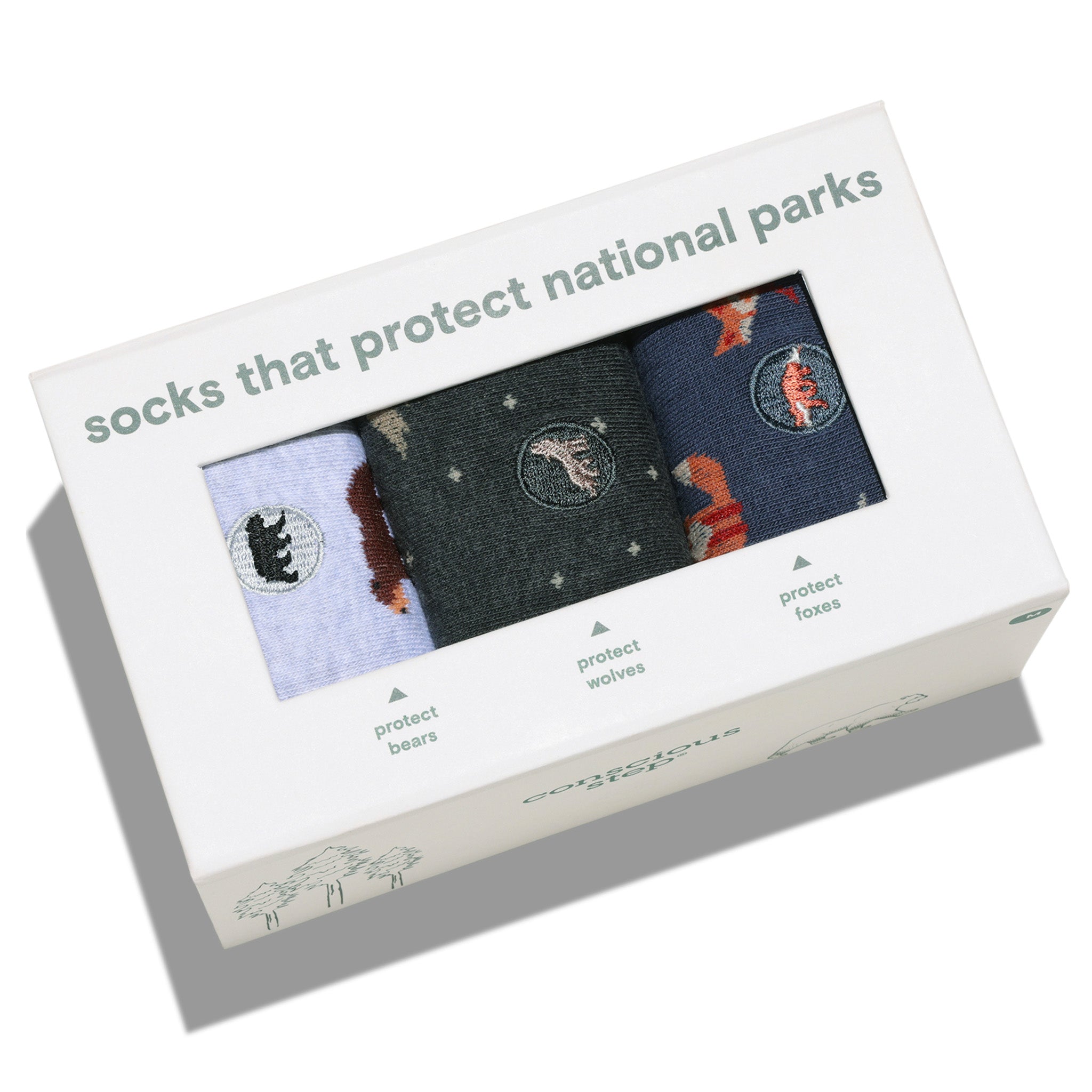 Protect National Parks Gift Box — organic cotton crew socks: bear, fox & wolf designs