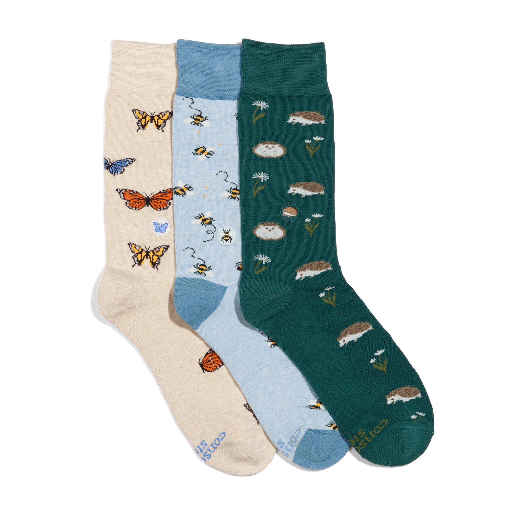 Protect Pollinators Gift Box — organic cotton crew socks: bee, butterfly & hedgehog patterns