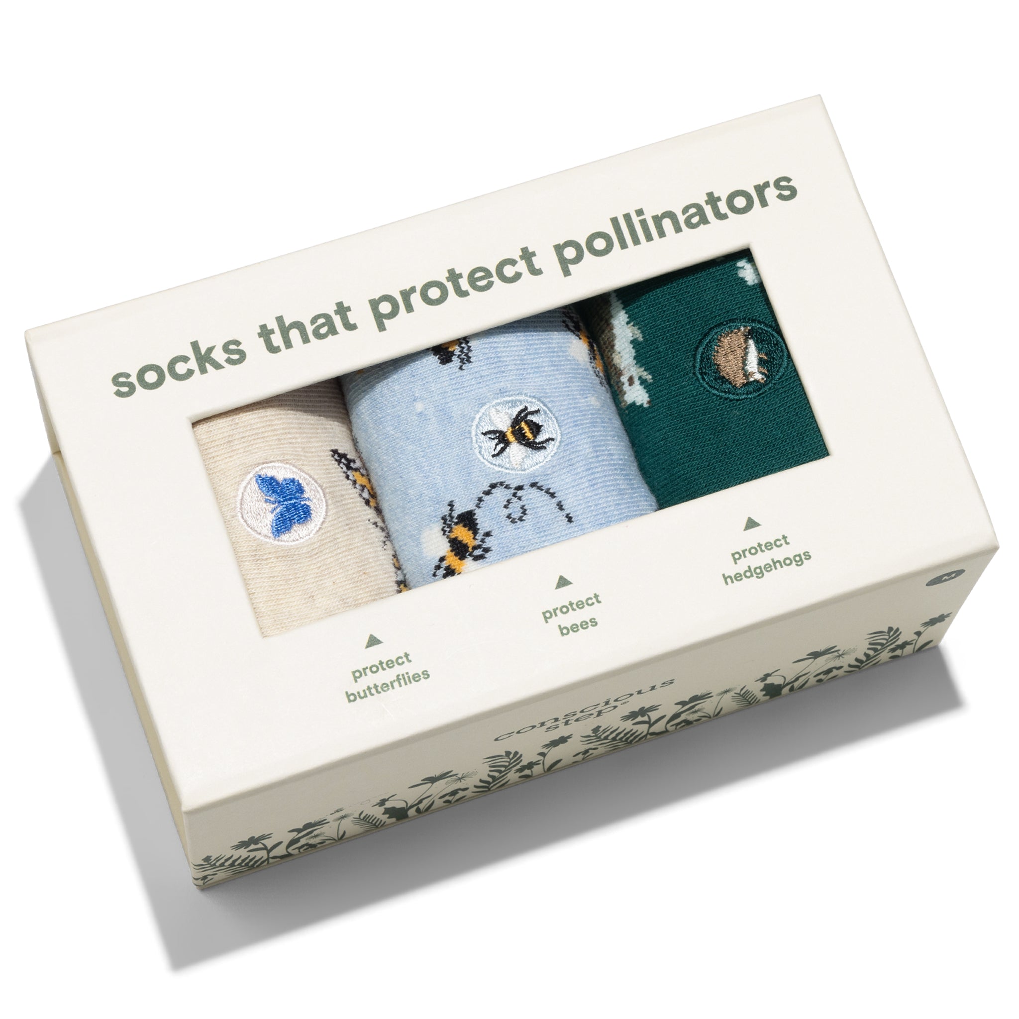 Protect Pollinators Gift Box — organic cotton crew socks: bee, butterfly & hedgehog patterns
