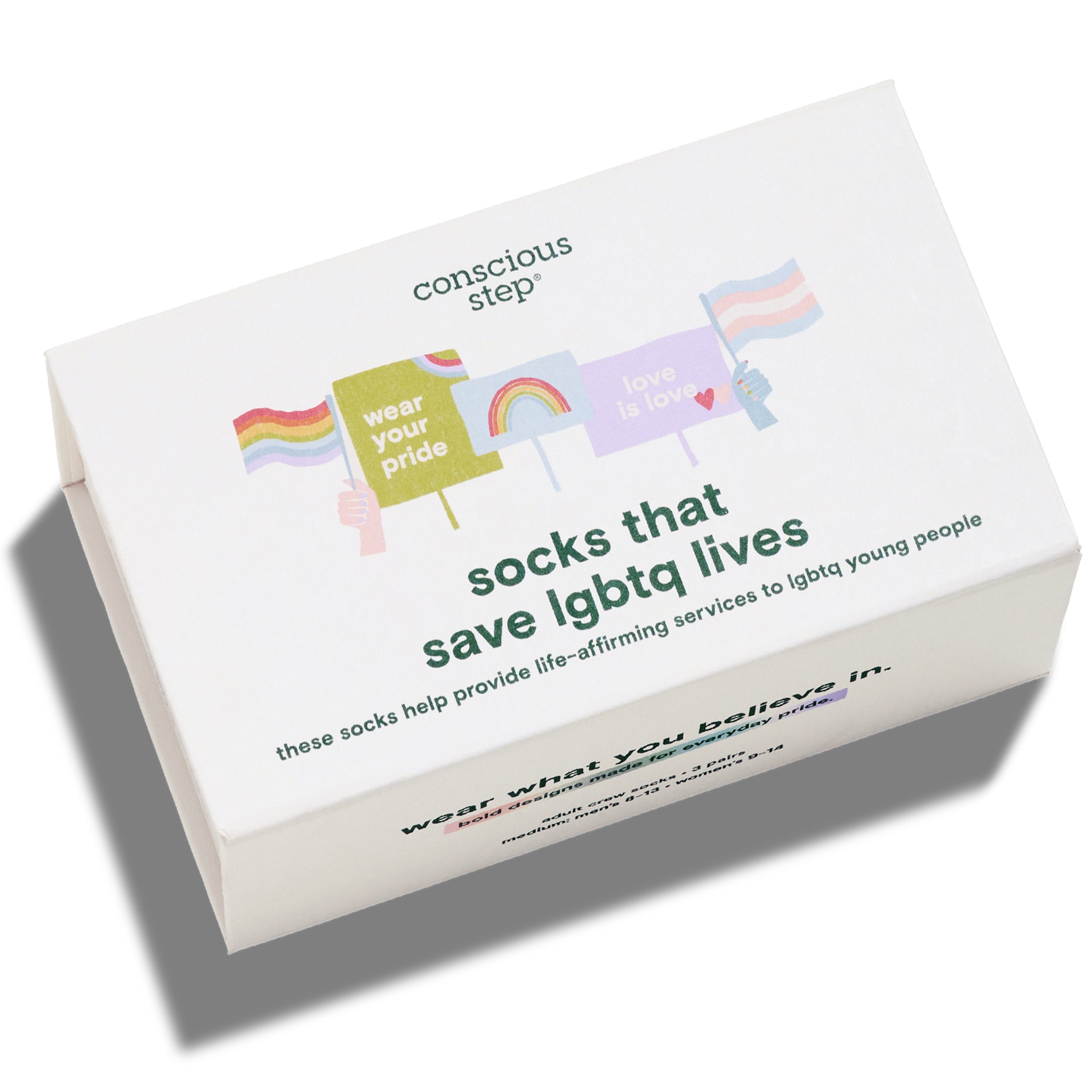 Save LGBTQ Lives Gift Box — organic cotton crew socks with rainbows & rainbow stripes, gives back