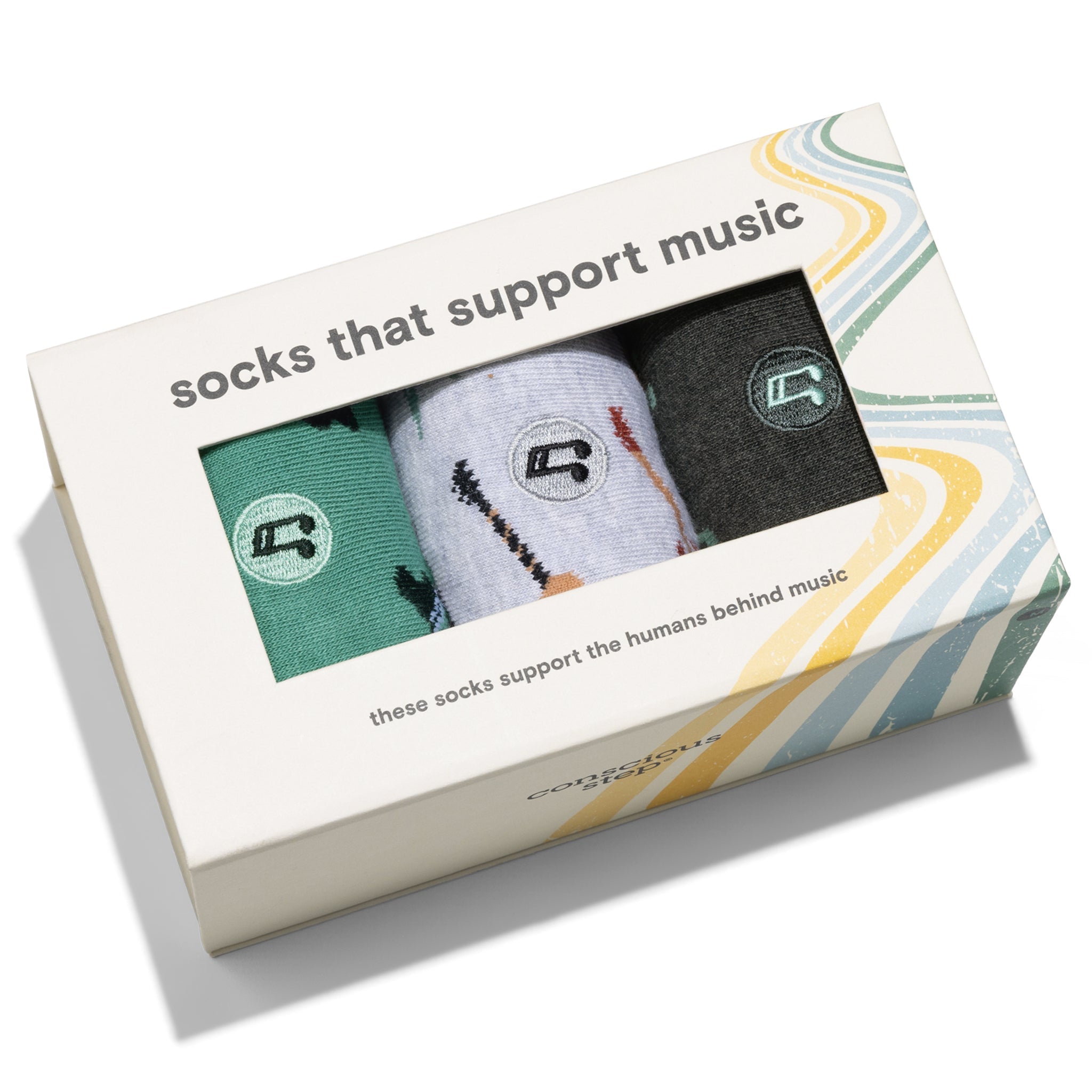 Support Music Gift Box — organic cotton crew socks with piano, guitar & music note designs
