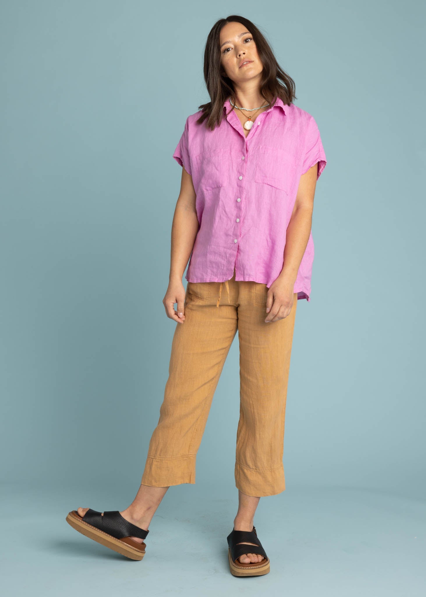 Good Boyfriend Linen Short Sleeve Shirt - Dhalia