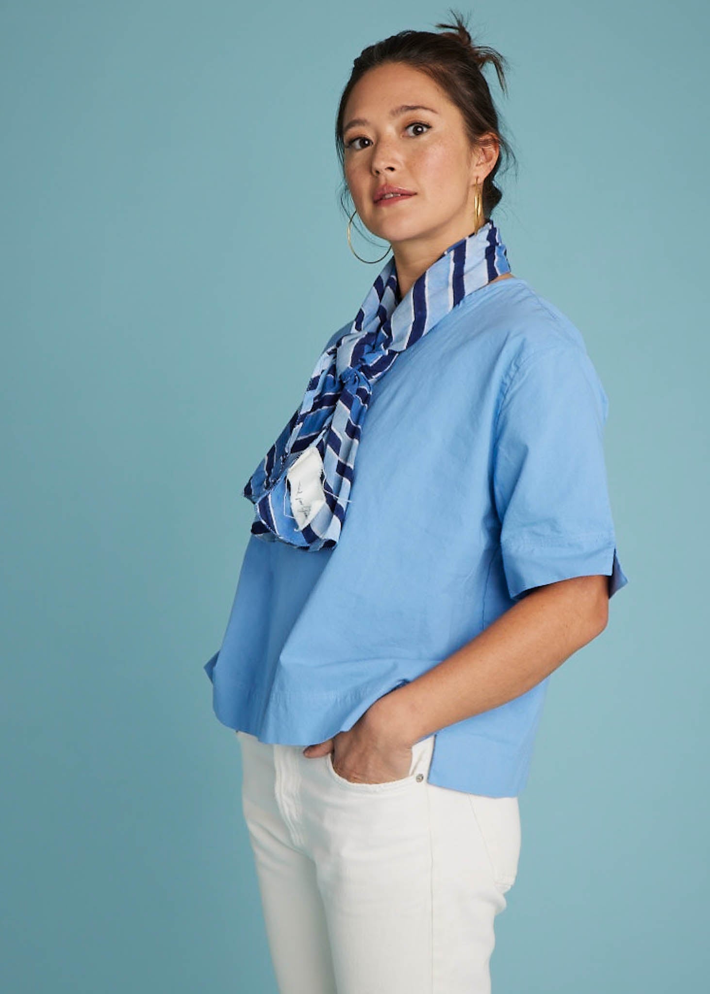 Mare Boxy Cropped Shirt - Linen Coastal Blue