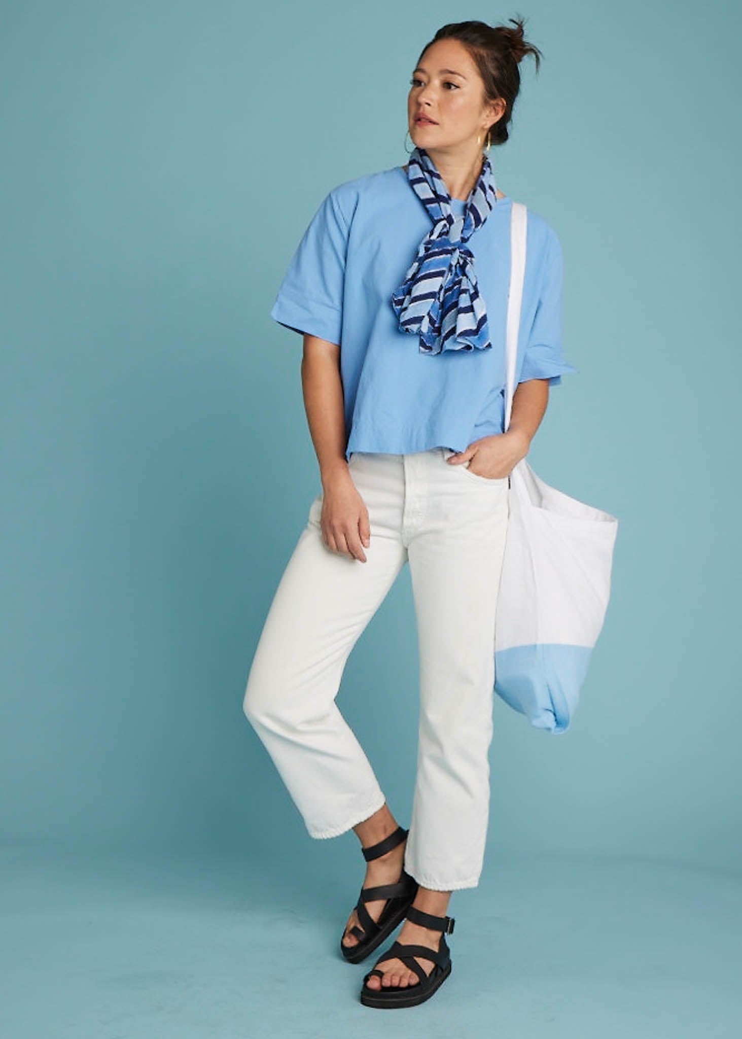 Mare Boxy Cropped Shirt - Linen Coastal Blue