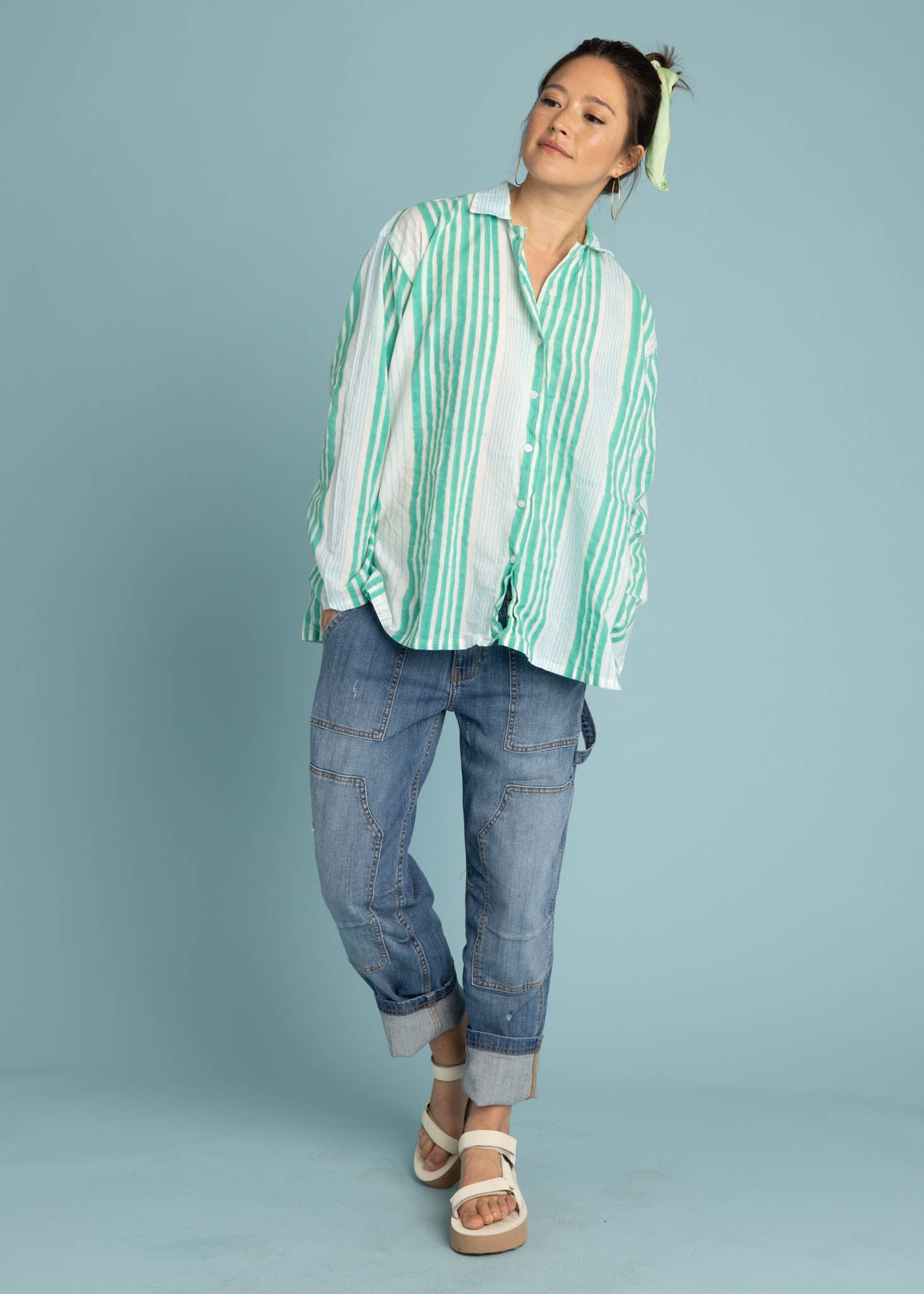 Relaxed Boyfriend Shirt - Mixed Up Stripe Cerulean Seaglass