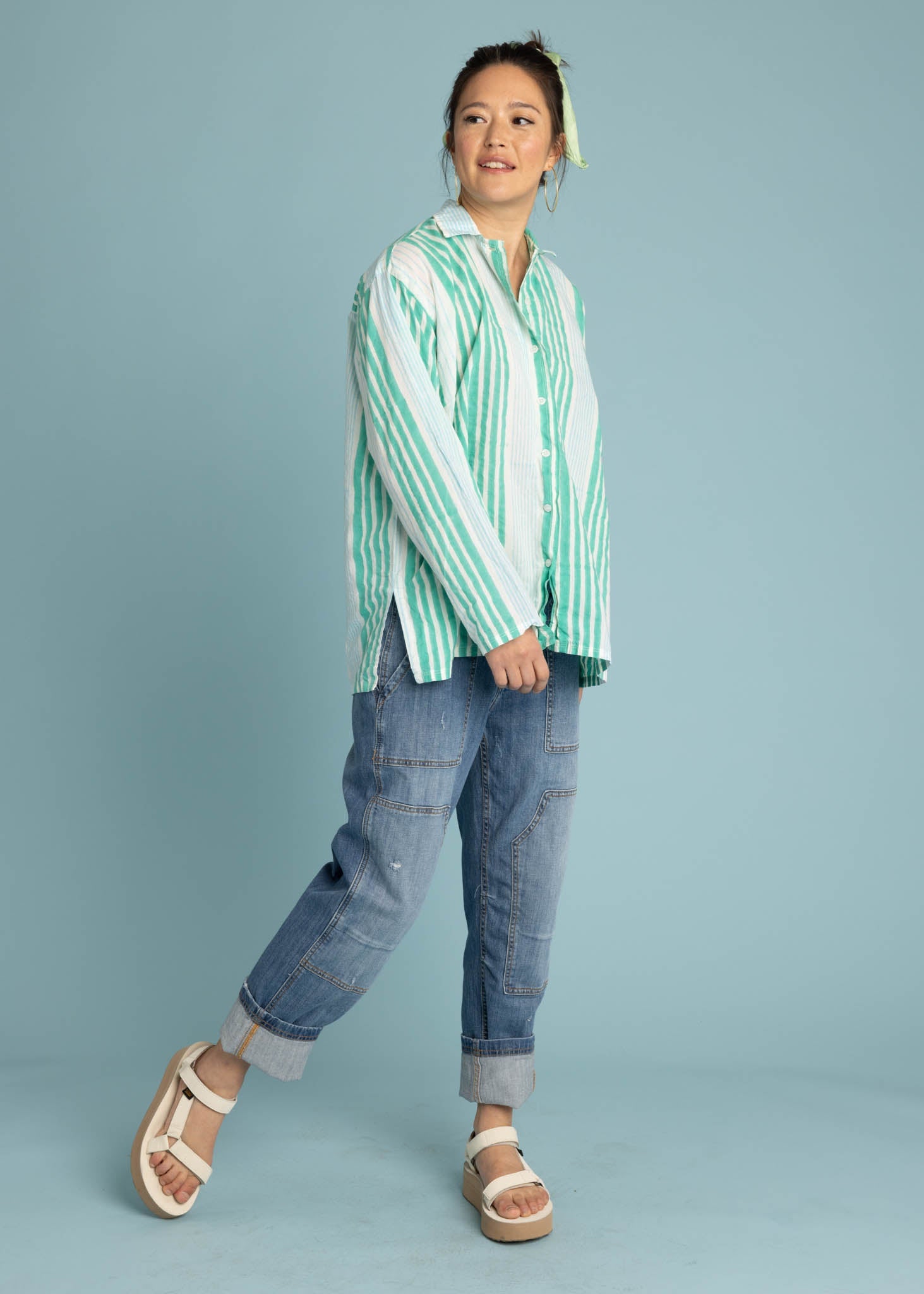 Relaxed Boyfriend Shirt - Mixed Up Stripe Cerulean Seaglass