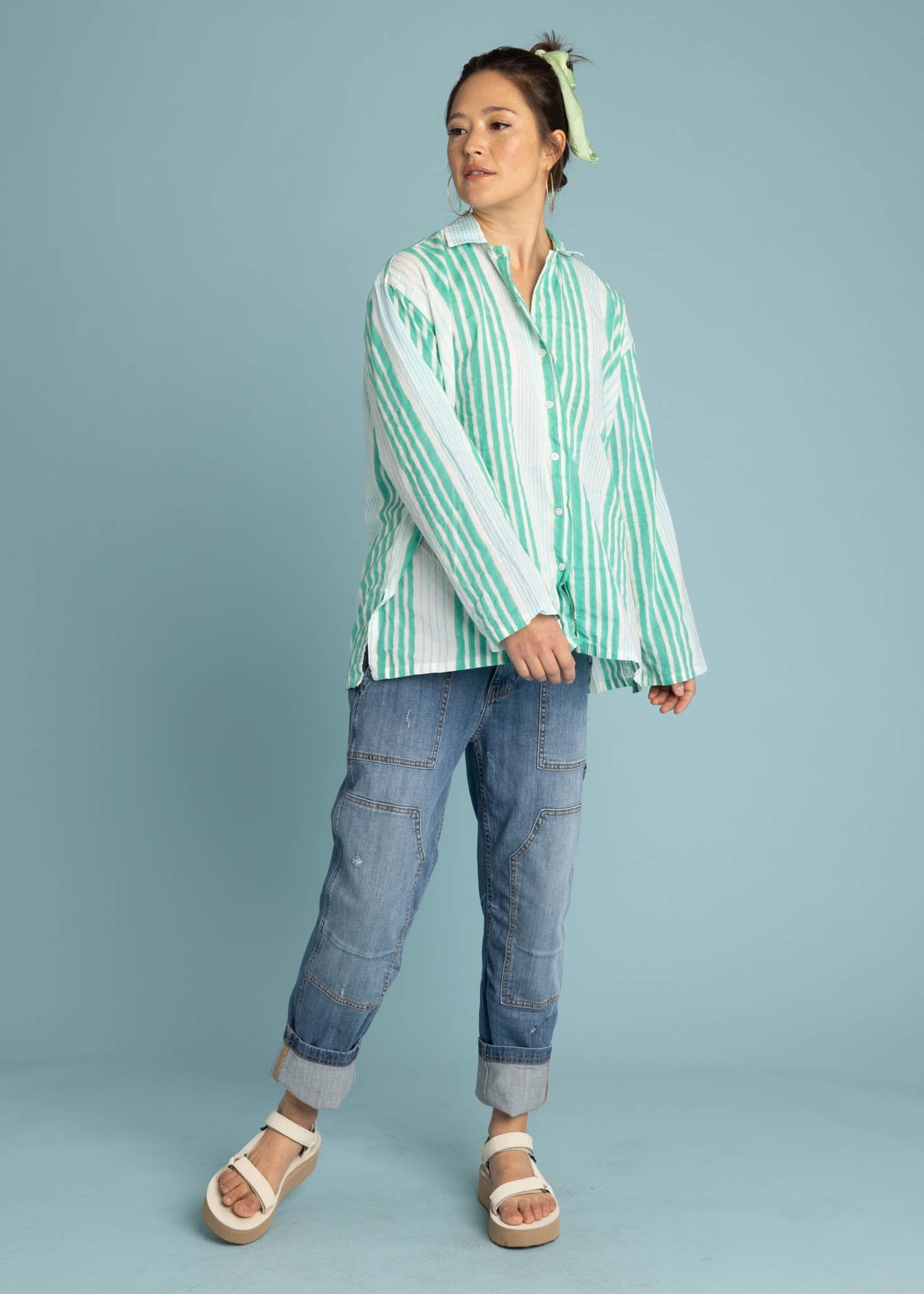 Relaxed Boyfriend Shirt - Mixed Up Stripe Cerulean Seaglass