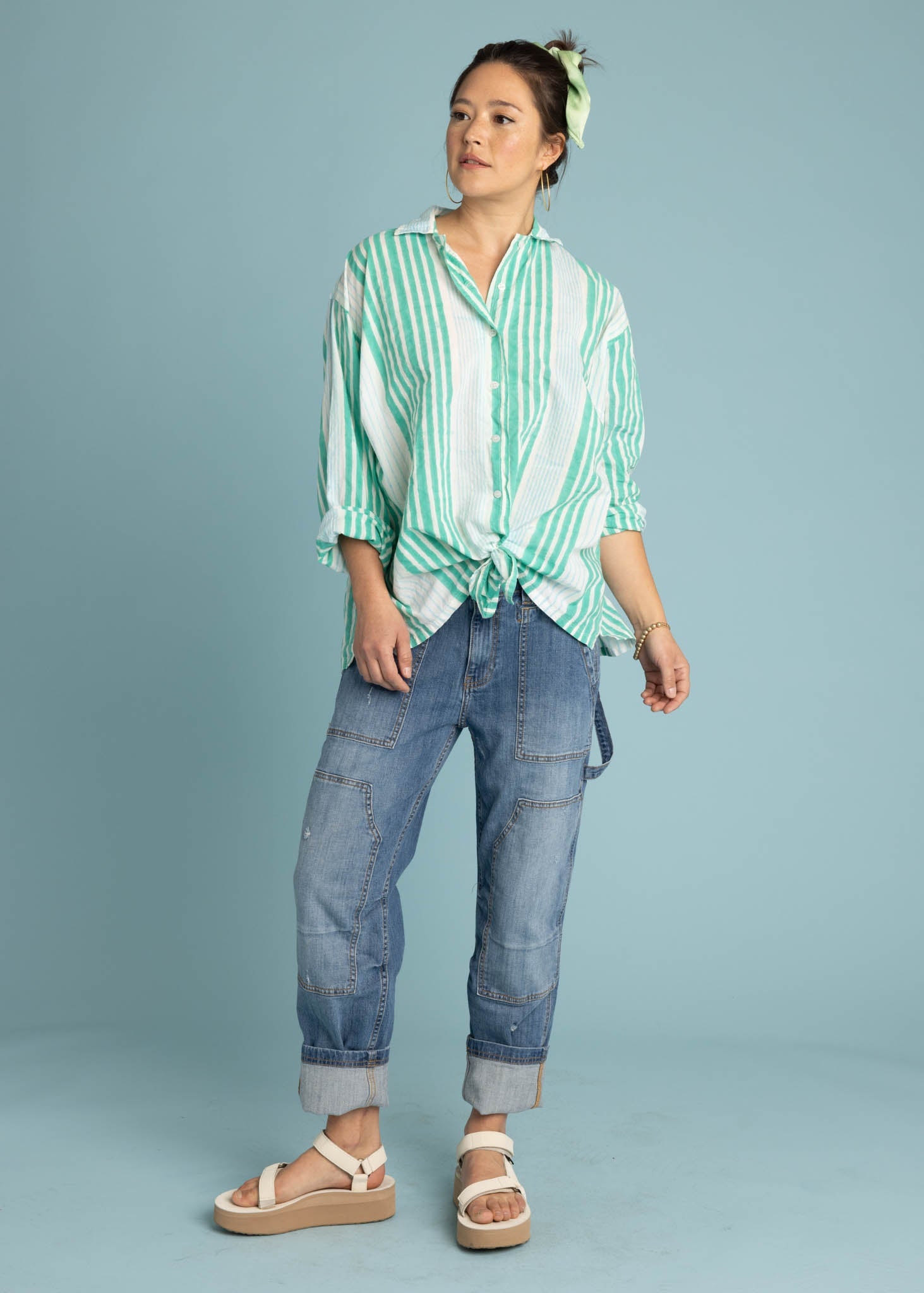 Relaxed Boyfriend Shirt - Mixed Up Stripe Cerulean Seaglass