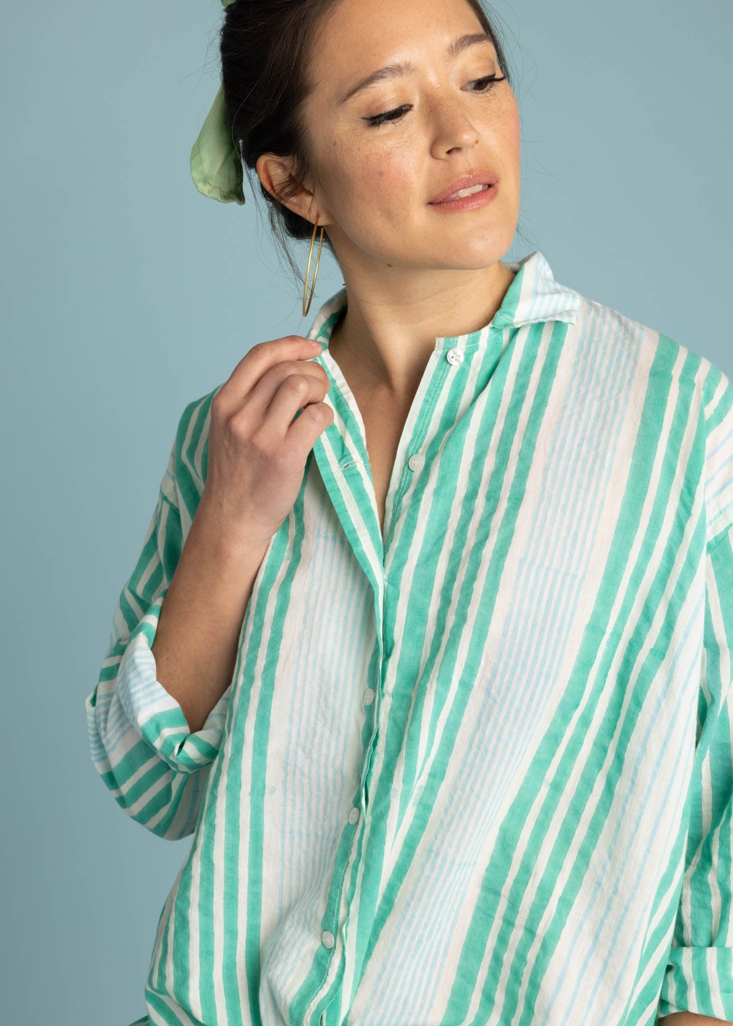 Relaxed Boyfriend Shirt - Mixed Up Stripe Cerulean Seaglass