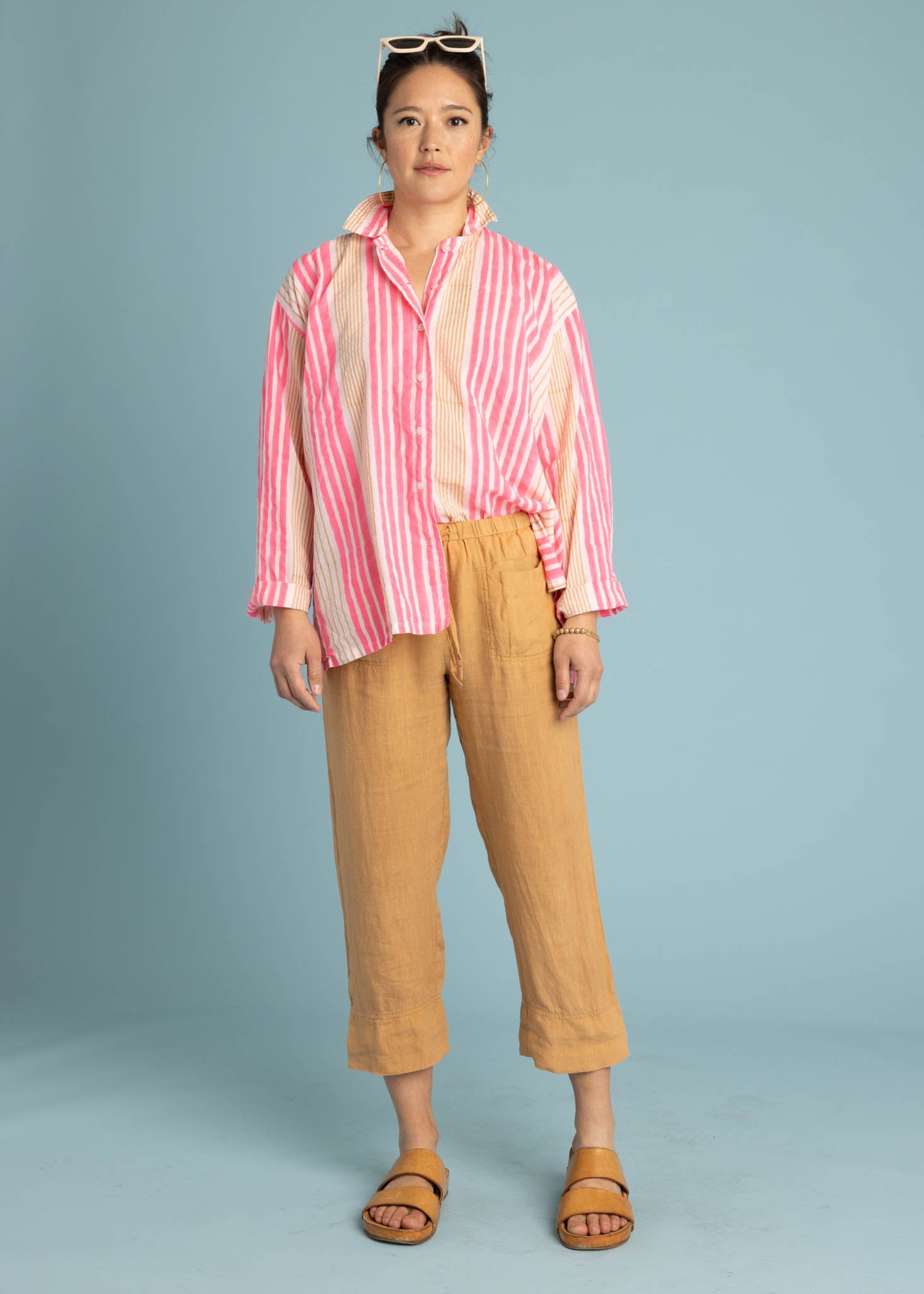 Relaxed Boyfriend Shirt - Mixed Up Stripe Baked Clay & Neon Pink