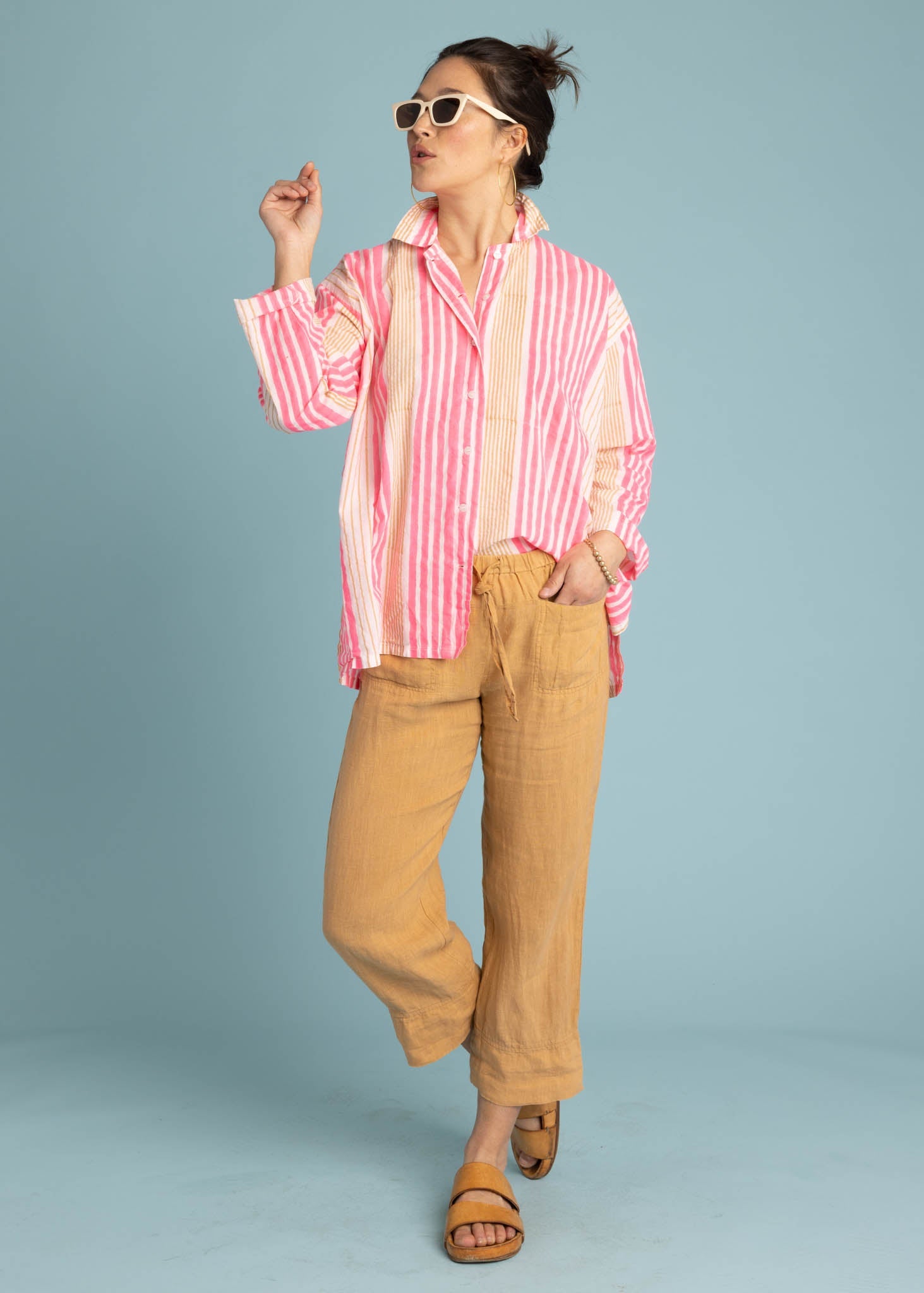 Relaxed Boyfriend Shirt - Mixed Up Stripe Baked Clay & Neon Pink