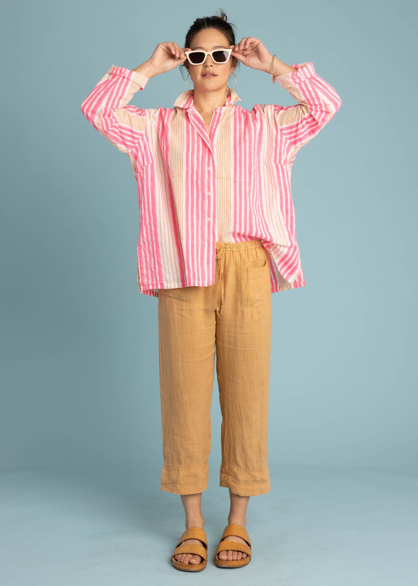 Relaxed Boyfriend Shirt - Mixed Up Stripe Baked Clay & Neon Pink