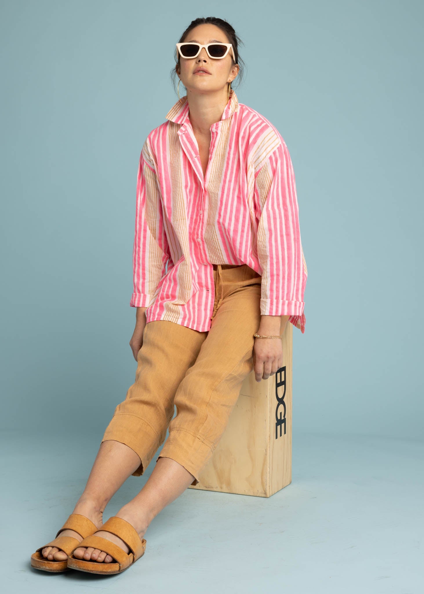Relaxed Boyfriend Shirt - Mixed Up Stripe Baked Clay & Neon Pink