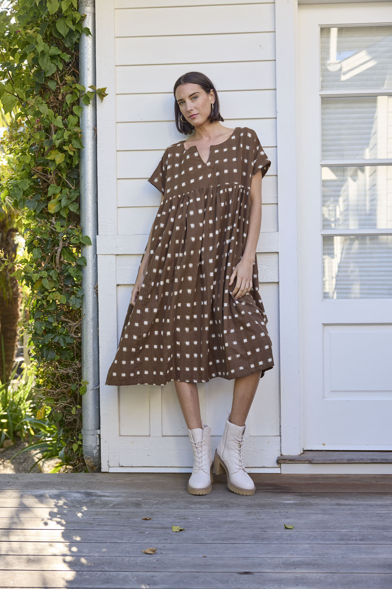 Meadow Dress - Ikat Squares Mocha