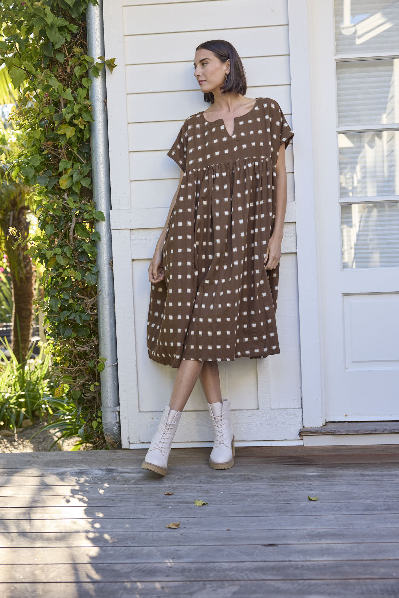 Meadow Dress - Ikat Squares Mocha